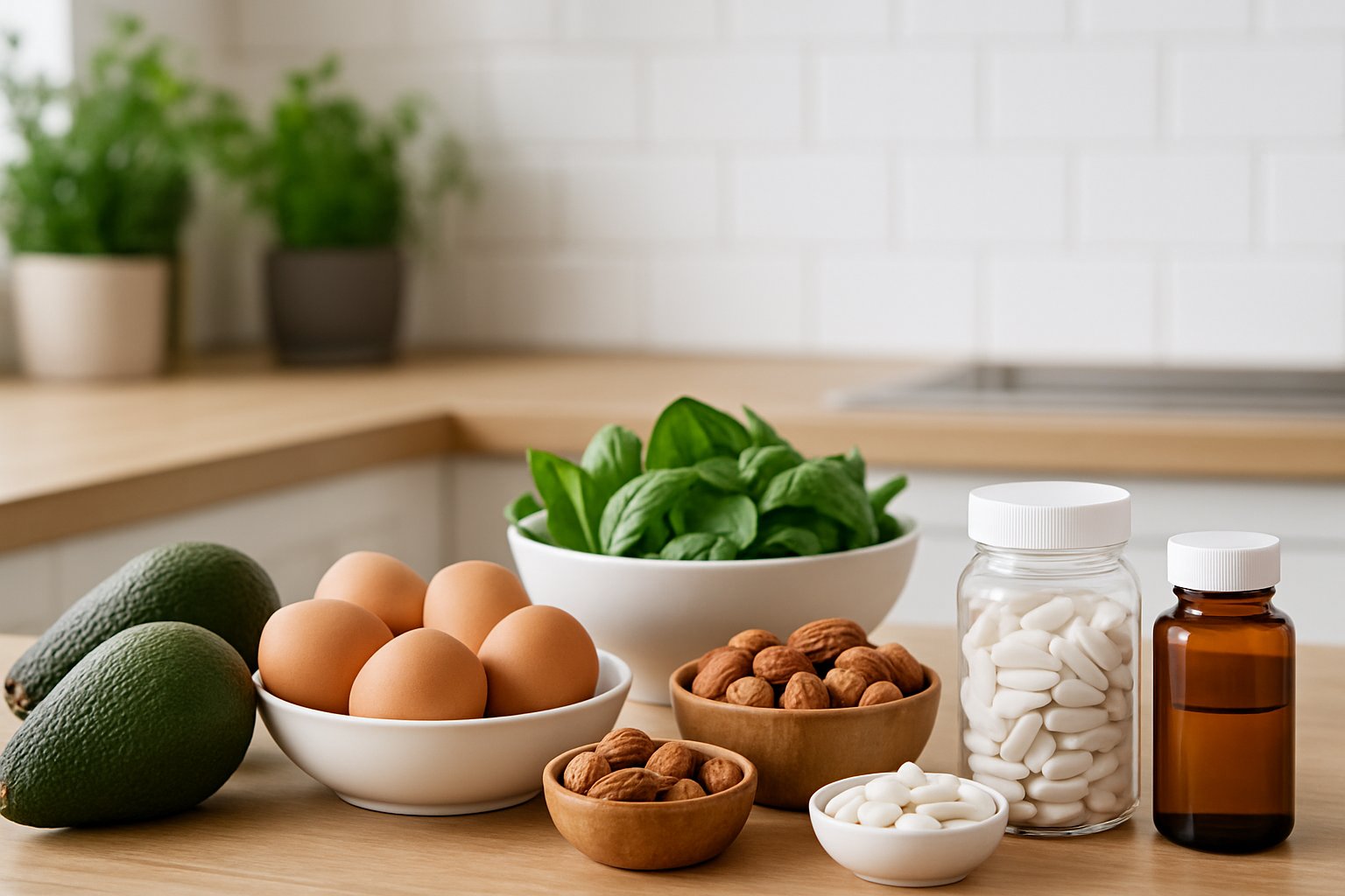 A kitchen countertop with keto-friendly foods like avocados, eggs, nuts, and leafy greens alongside supplement bottles.