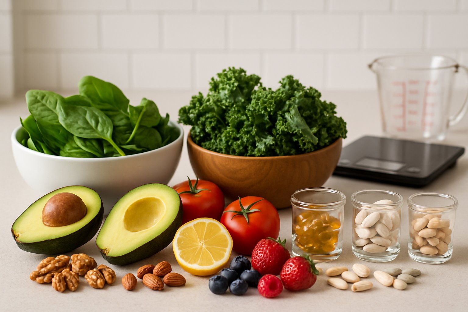A kitchen counter with fresh vegetables, fruits, nuts, and small containers of supplements arranged neatly, suggesting balanced nutrition.