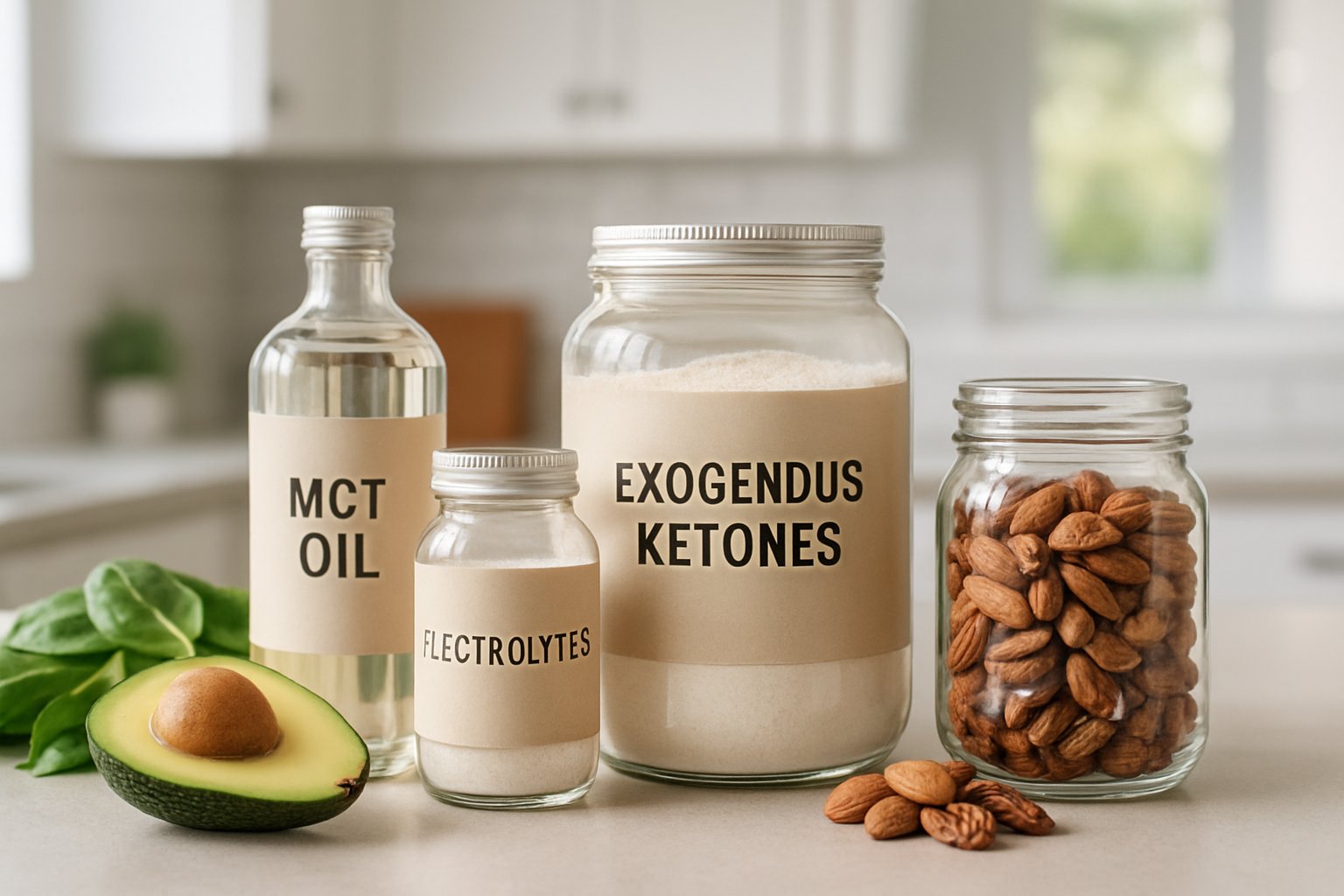 A kitchen countertop with various ketogenic supplements and fresh keto-friendly foods arranged neatly.
