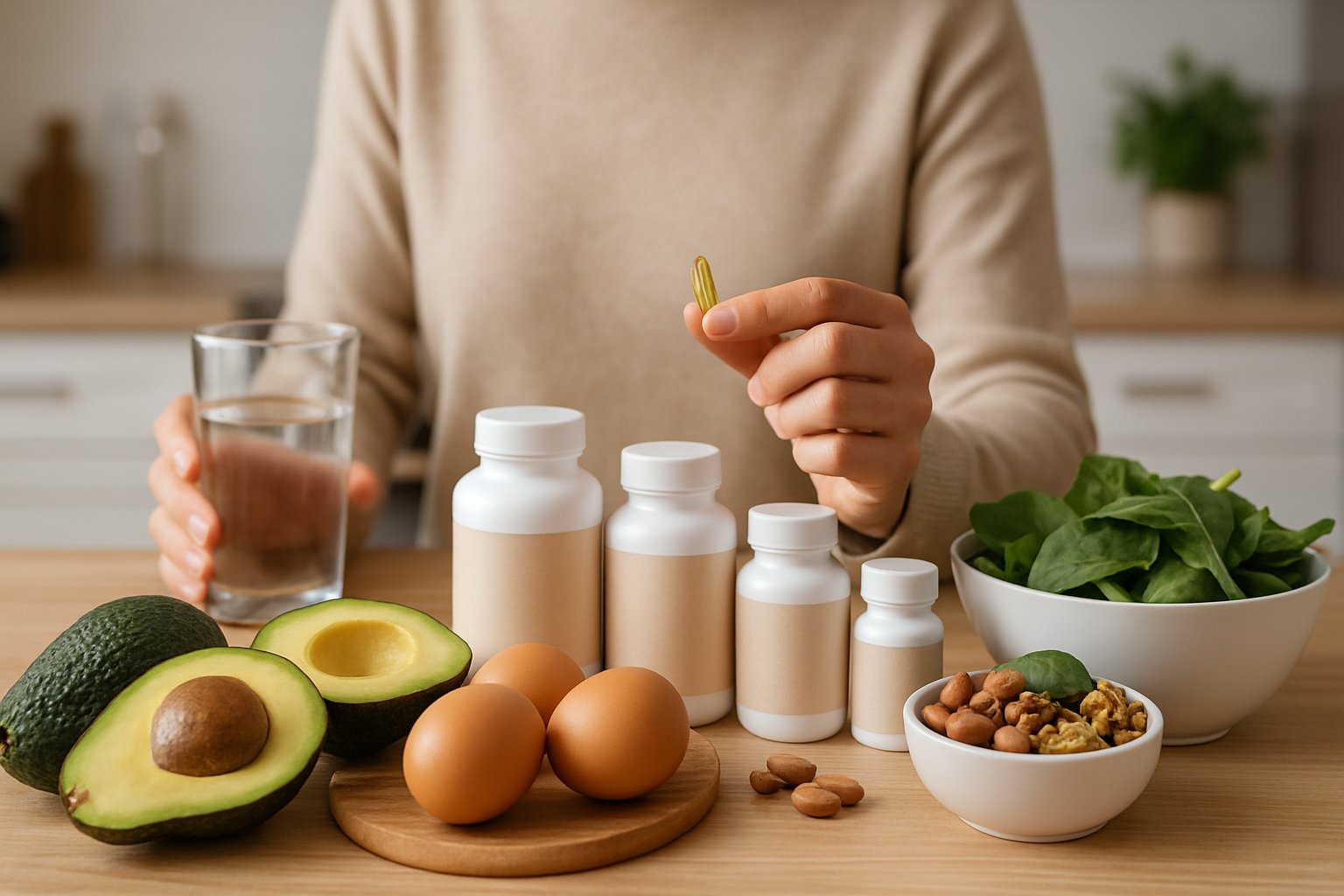 A kitchen countertop with keto-friendly foods and supplement bottles, with hands holding a glass of water and a supplement capsule.
