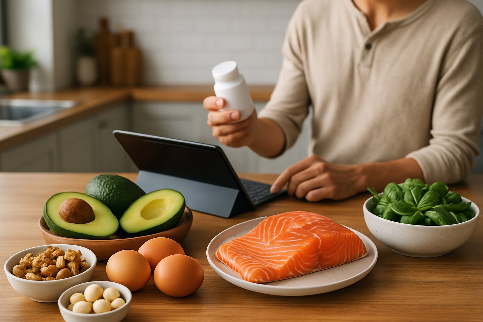 A person in a kitchen holding a supplement bottle and looking at a tablet surrounded by keto-friendly foods on a countertop.