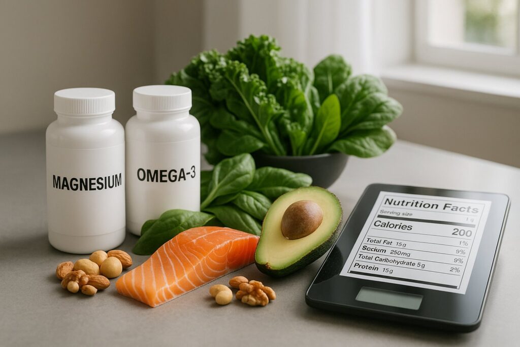Ultra-realistic high-resolution image of a clean keto lifestyle setup featuring supplement bottles (magnesium, omega-3, probiotics), fresh keto foods (avocado, salmon, leafy greens, nuts), and a nutrition label on a digital kitchen scale, placed on a modern kitchen counter with soft natural daylight, wellness and science-based health aesthetic, sharp focus, professional blog-style composition.