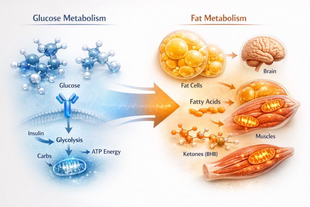 transitioning from glucose metabolism to fat metabolism. On the left side, glucose molecules and insulin pathways are highlighted; on the right side, fat cells breaking down into fatty acids and ketone bodies (BHB) traveling to the brain and muscles. Subtle glowing mitochondria inside muscle cells to represent metabolic adaptation. Neutral white background, professional health infographic style, realistic but visually clean, no cartoon elements, soft blue and orange metabolic color coding, high detail, blog-featured image quality