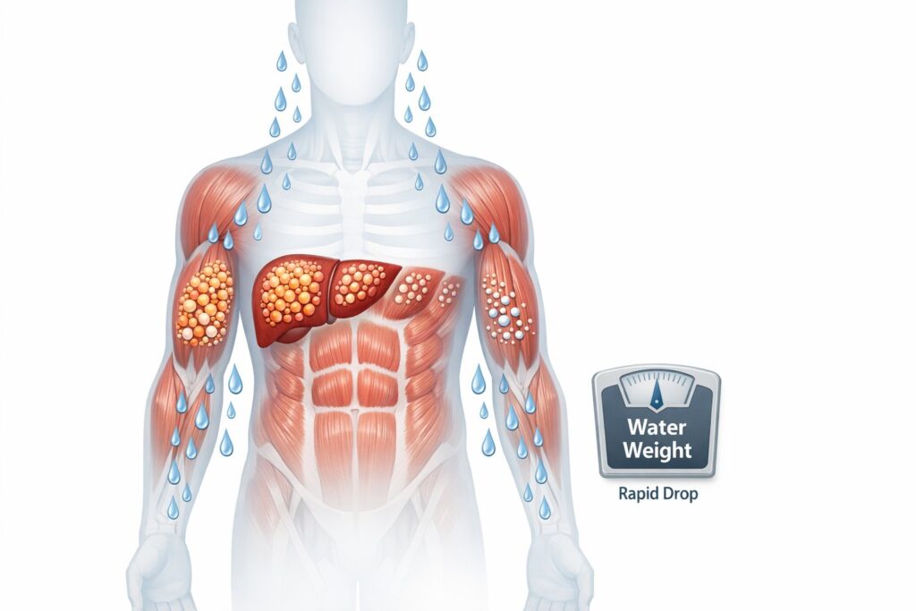 High-resolution realistic illustration of a human body silhouette with liver and muscle glycogen stores highlighted, gradually depleting with water droplets being released to symbolize water loss. Visual representation of glycogen molecules shrinking while fluid is excreted. Subtle scale icon showing rapid weight drop labeled “Water Weight.” Medical infographic style, clean background, educational and scientific tone, no cartoon style, muted blue and red metabolic color palett