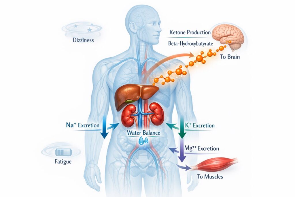 High-resolution medical-style infographic illustration of a semi-transparent human body silhouette showing kidneys actively regulating sodium and water balance, with arrows indicating sodium, potassium, and magnesium excretion. Simultaneously, the liver is highlighted producing ketone bodies (beta-hydroxybutyrate molecules) entering the bloodstream toward the brain and muscles. Subtle symbols for dizziness and fatigue (low opacity, non-cartoon). Clean white background, professional educational tone, soft blue and teal color palette with orange highlights for ketones, realistic anatomical detail
