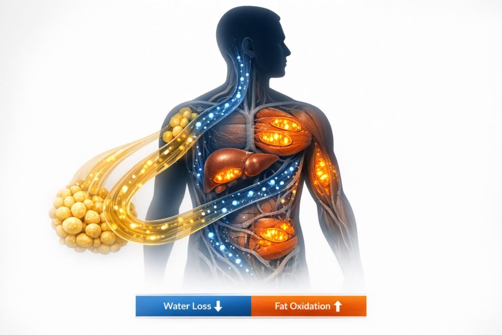 High-resolution scientific illustration of a human silhouette with enhanced mitochondrial activity inside muscle cells, glowing subtly to represent increased fat oxidation. Fatty acids moving from adipose tissue toward muscles and liver, with stable ketone circulation in bloodstream. Visual comparison bar subtly showing “Water Loss ↓” and “Fat Oxidation ↑” to indicate metabolic transition phase. Clean clinical infographic style, no cartoon elements, neutral white background, cool blue and metabolic orange highlights