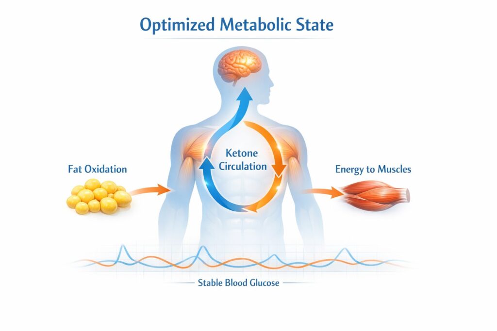 Professional medical infographic illustration of a fully optimized metabolic system. Human silhouette with stable ketone circulation, efficient fat oxidation arrows from adipose tissue to muscle, steady blood glucose line chart in background. Brain and muscles subtly illuminated to represent stable energy and cognitive clarity. Balanced, calm visual tone. White background, clean infographic style, consistent blue and orange metabolic color scheme, no exaggerated effects, high-resolution