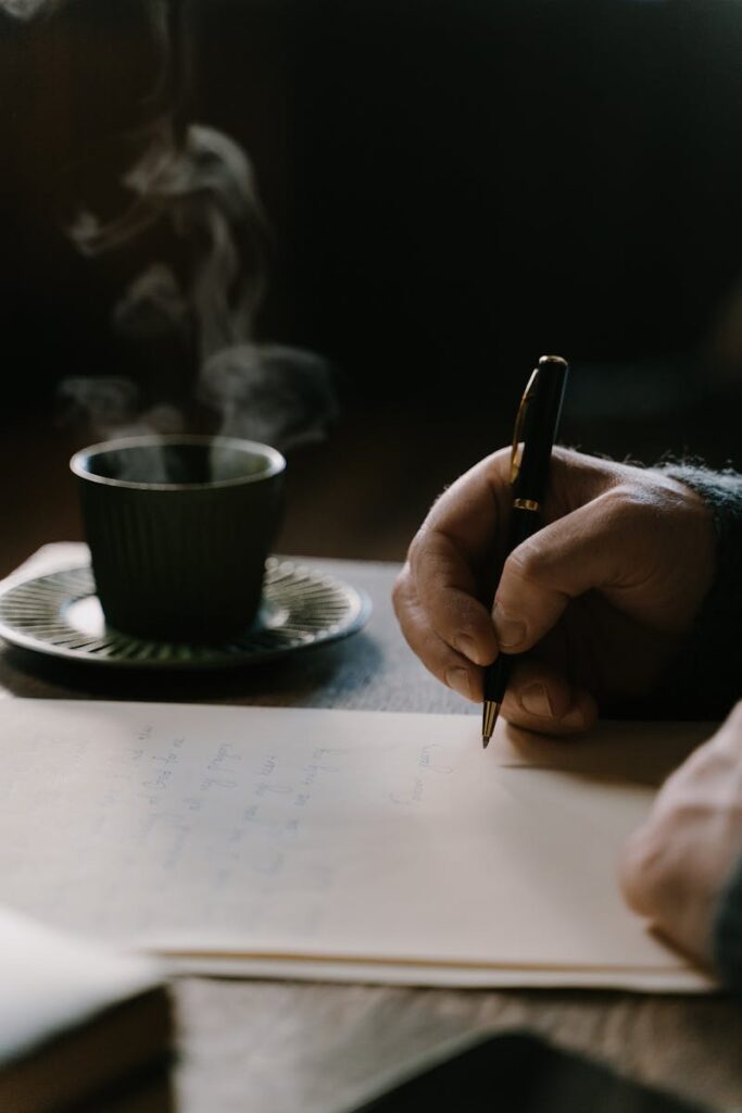 A hand holds a pen over paper with a steaming cup of coffee in a warm indoor setting.