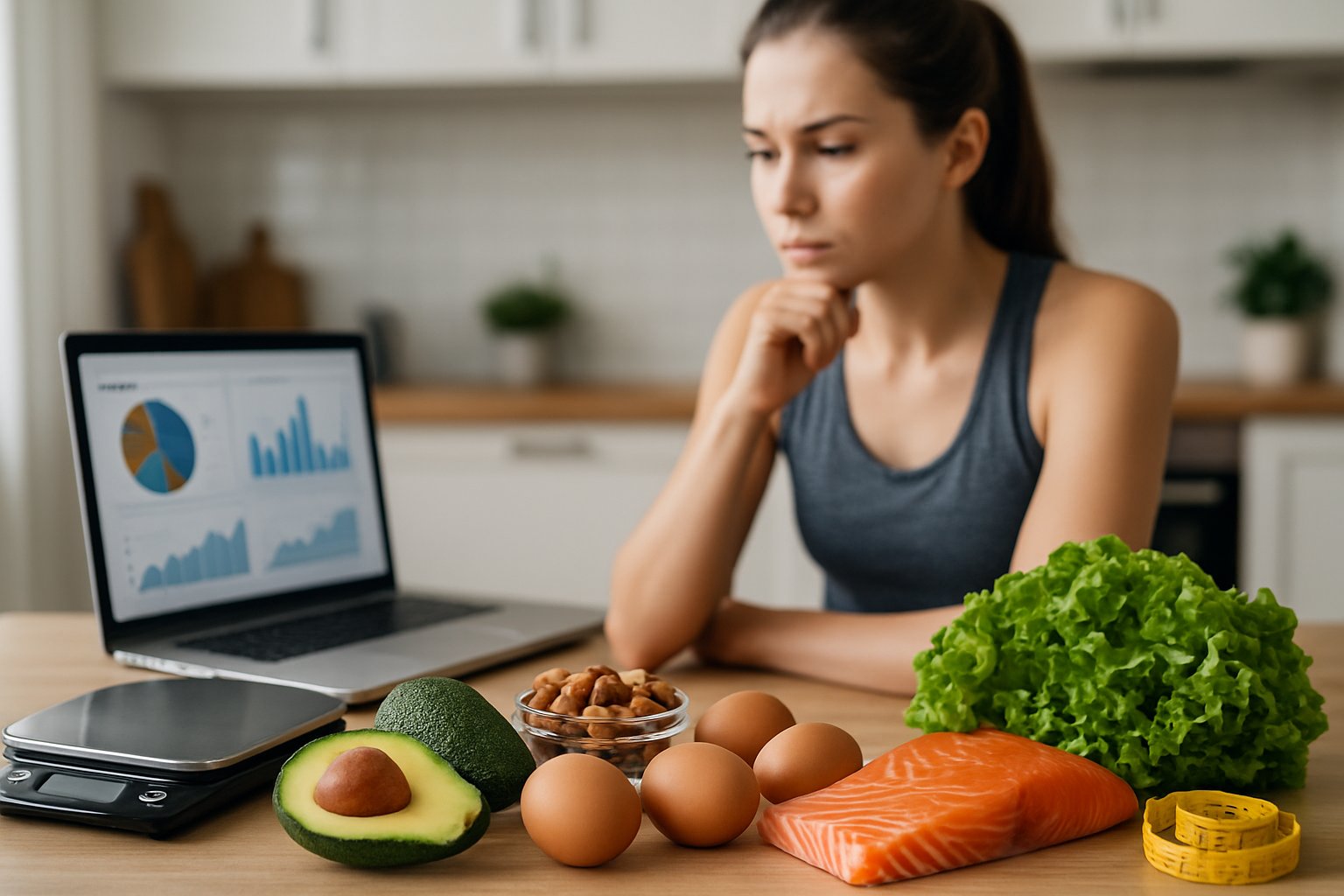A young woman in workout clothes looks at a laptop in a kitchen with fresh keto foods and a measuring tape on the counter, thinking of keto weight loss plateau