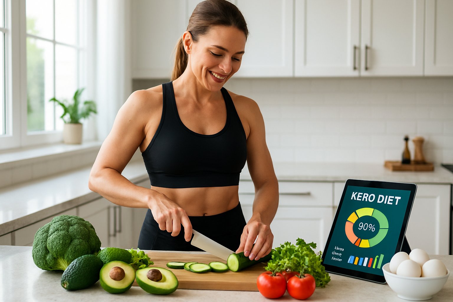 A fit woman preparing a keto-friendly meal in a bright kitchen with fresh vegetables and a digital tablet nearby.