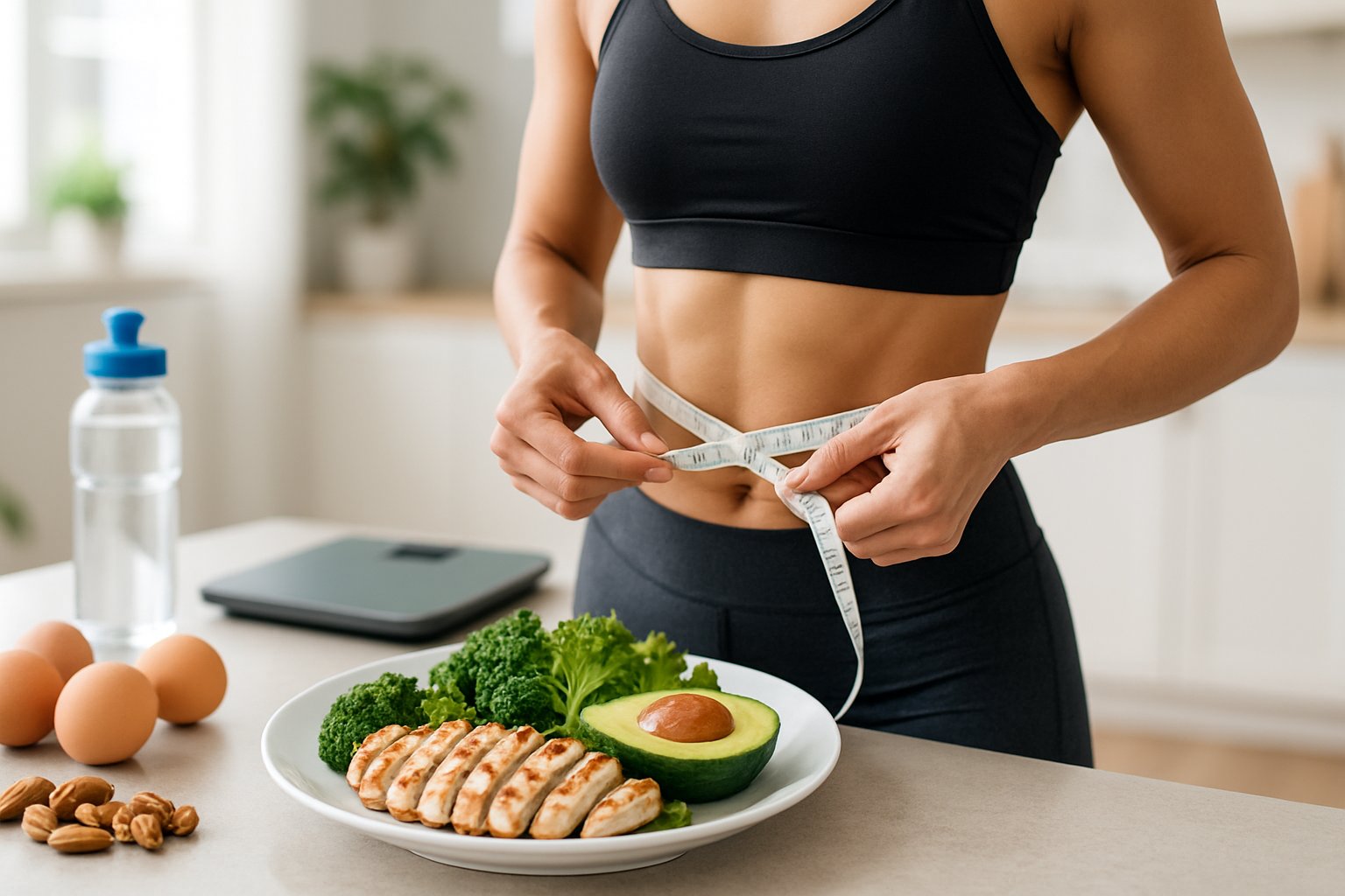 A fit person in athletic wear measuring their waist in a bright kitchen with keto-friendly foods and a digital scale nearby.