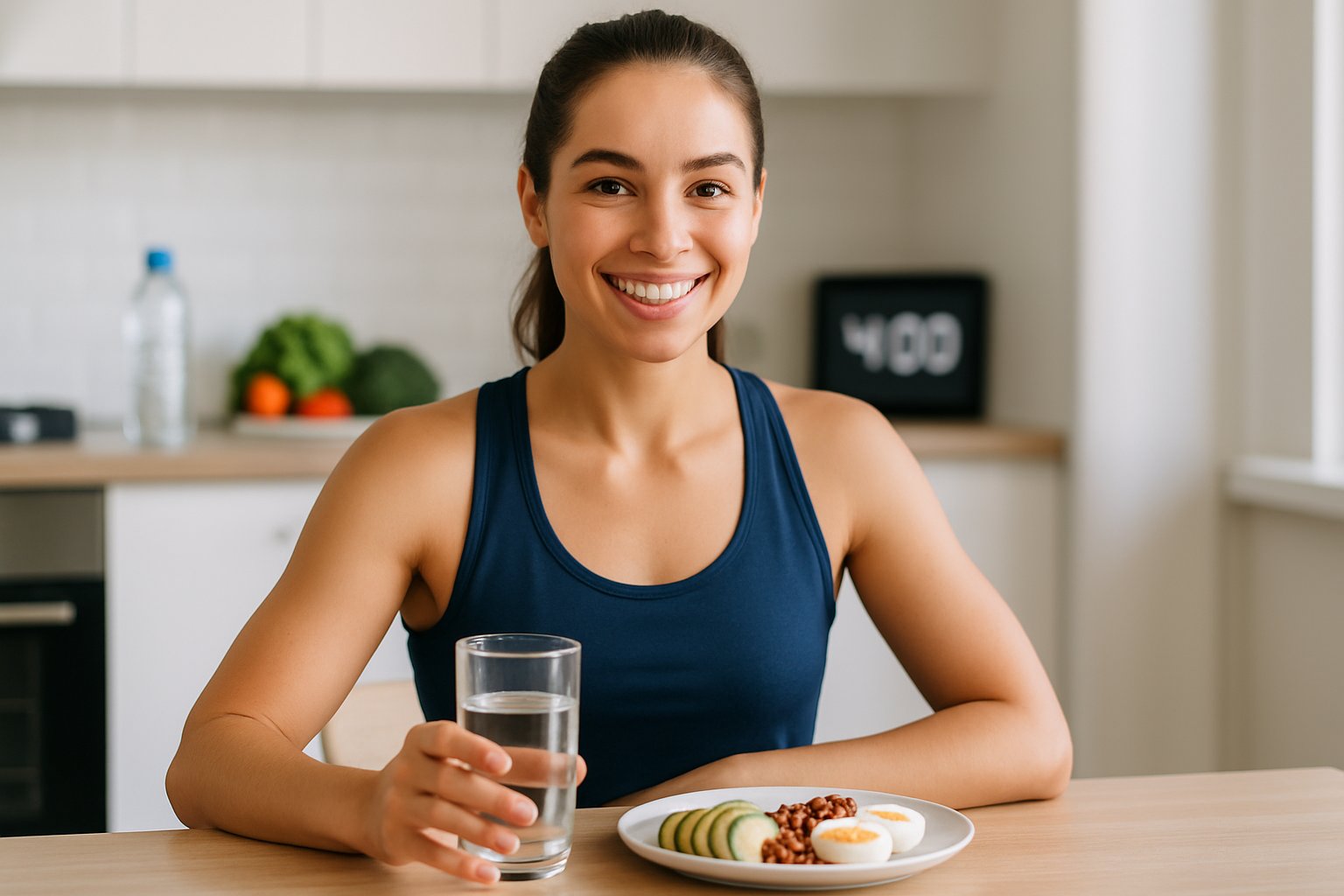 A fit young adult sitting at a kitchen table with a small plate of keto food and a glass of water, with a timer in the background.