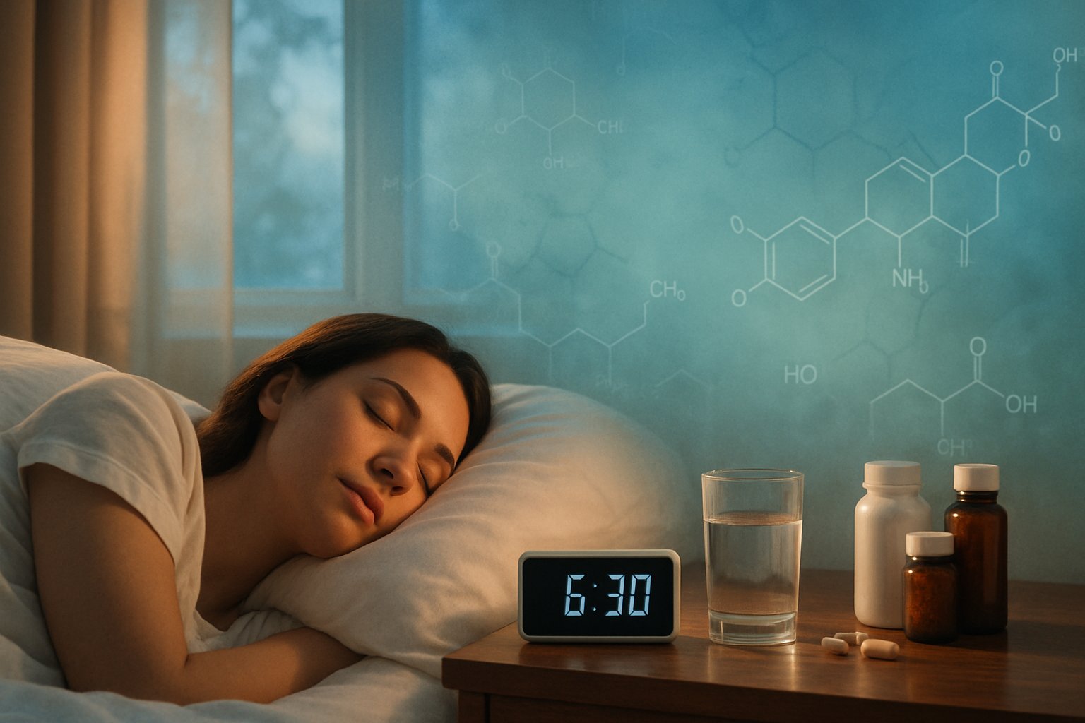 A young adult sleeping peacefully in a softly lit bedroom with a bedside table holding a clock and supplement bottles.