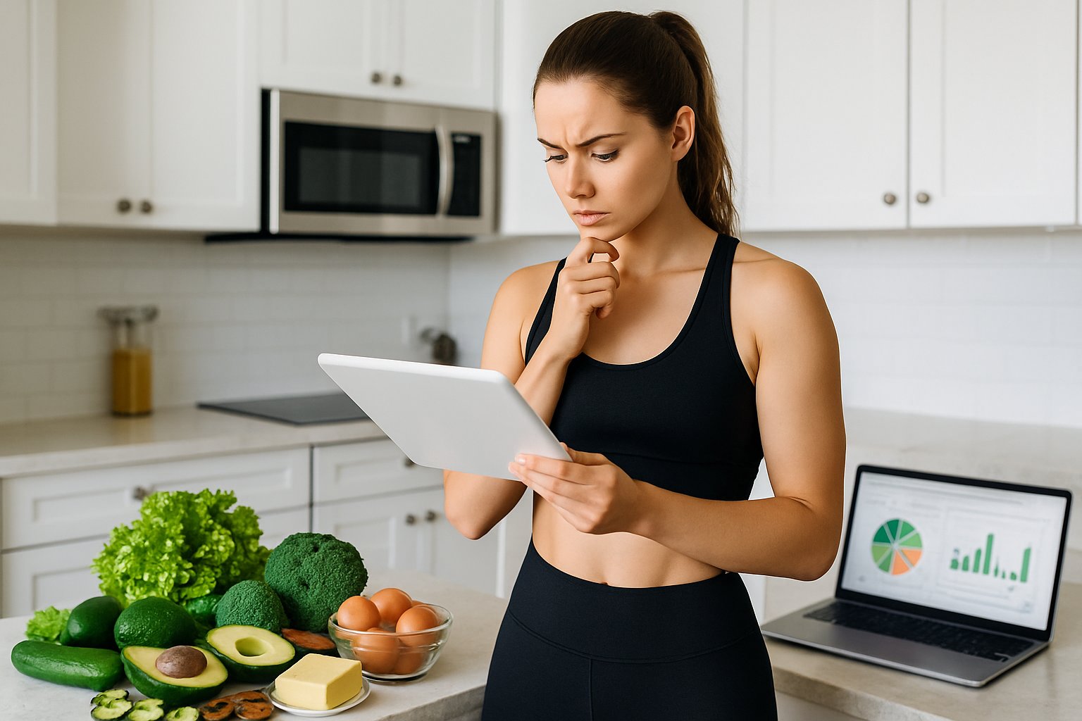 A young woman in athletic wear thoughtfully examining a digital scale in a bright kitchen with fresh vegetables and keto-friendly foods on the counter.
