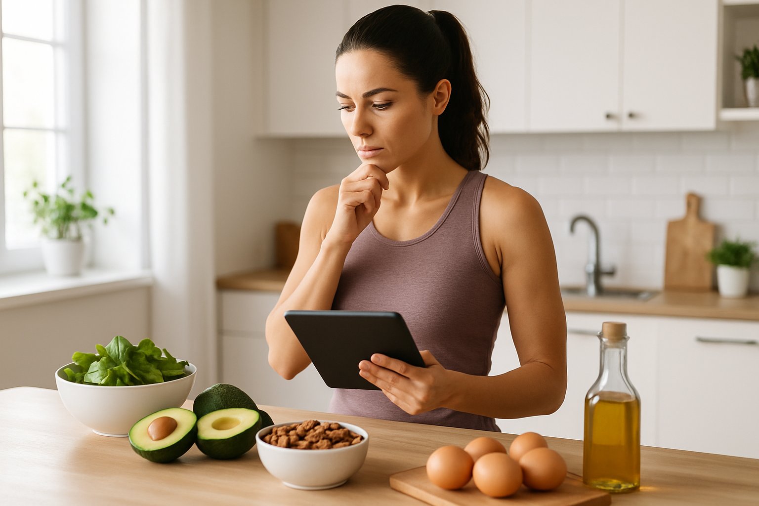 A woman in a kitchen surrounded by fresh keto foods, looking thoughtfully at a tablet.
