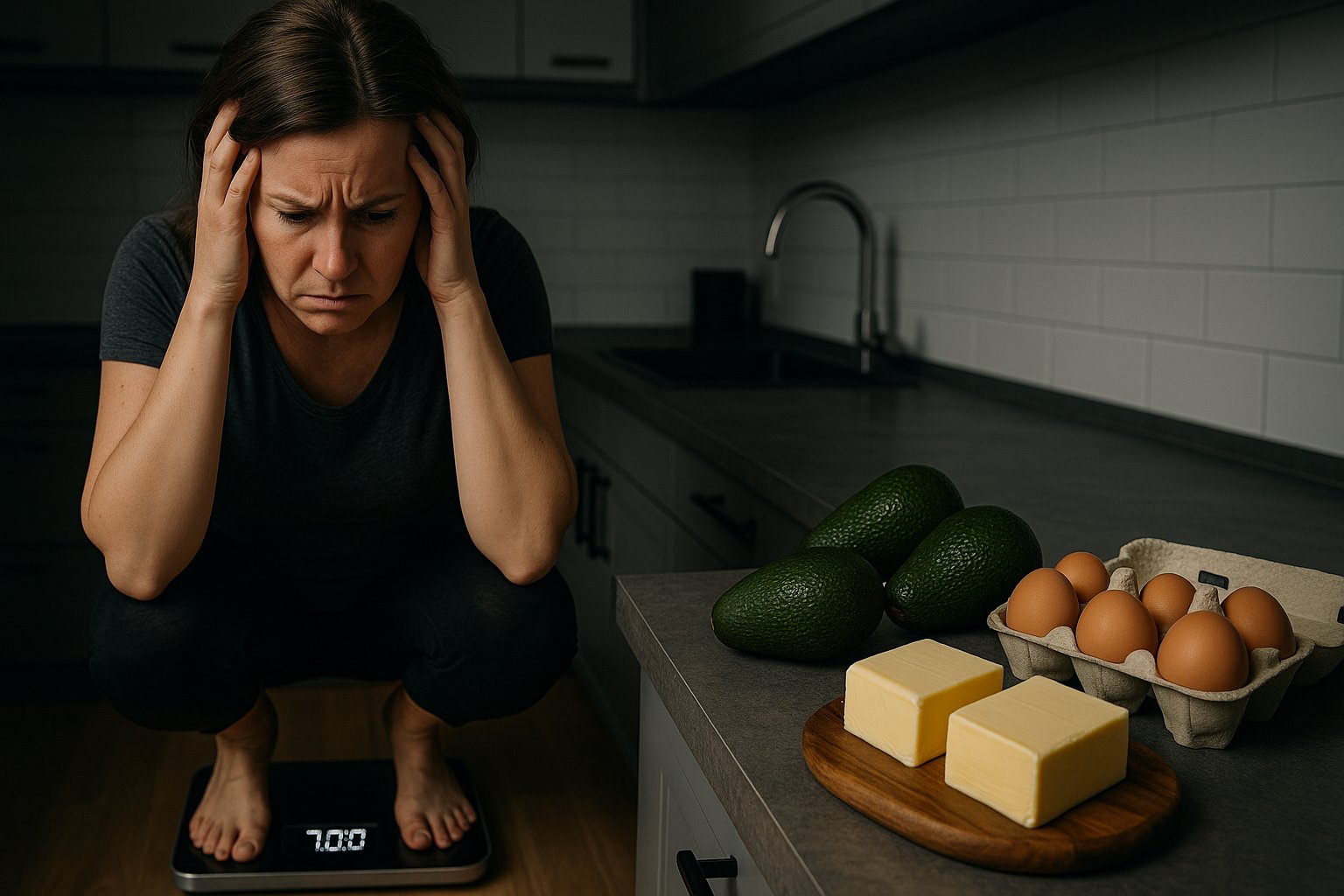 A frustrated person standing on a digital weight scale that won’t change, kitchen background with keto foods like avocado, eggs, and butter, dramatic lighting, realistic photography style, 16:9 ratio