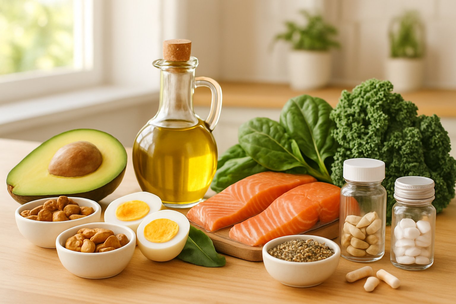 A kitchen countertop with fresh keto foods like avocado, eggs, nuts, salmon, leafy greens, olive oil, and natural digestive supplements arranged neatly.