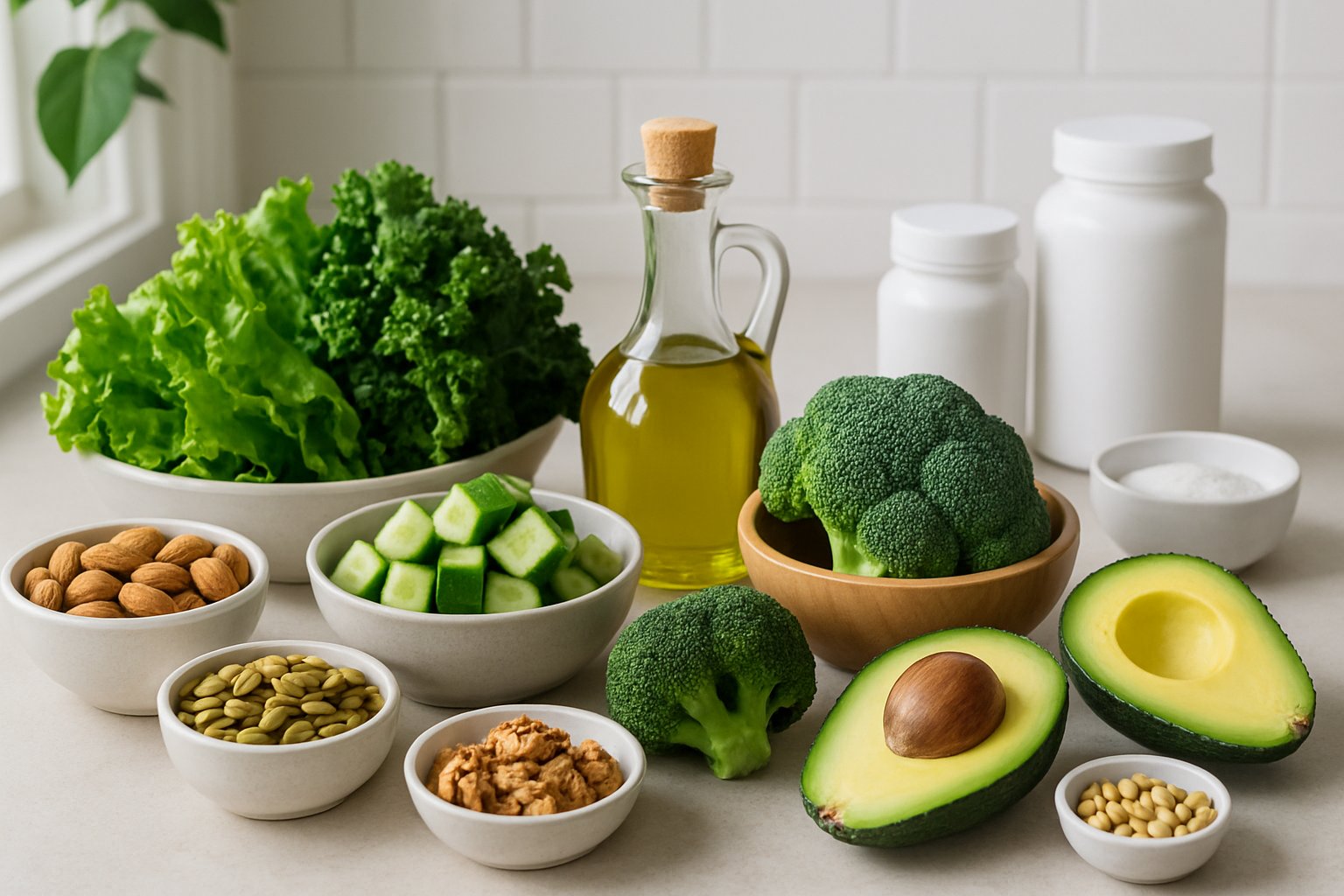 A kitchen countertop displaying fresh keto-friendly vegetables, healthy fats, and supplements arranged neatly for a balanced meal.