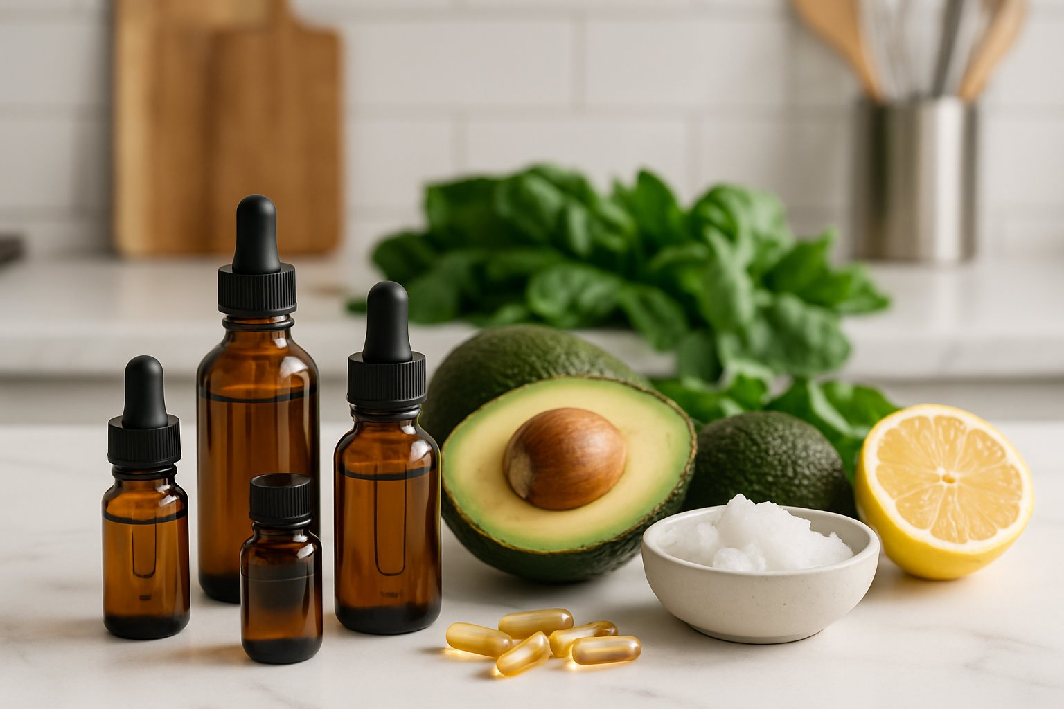 A kitchen countertop with supplements, avocado, coconut oil, leafy greens, and lemon arranged to represent digestion support on a keto diet.