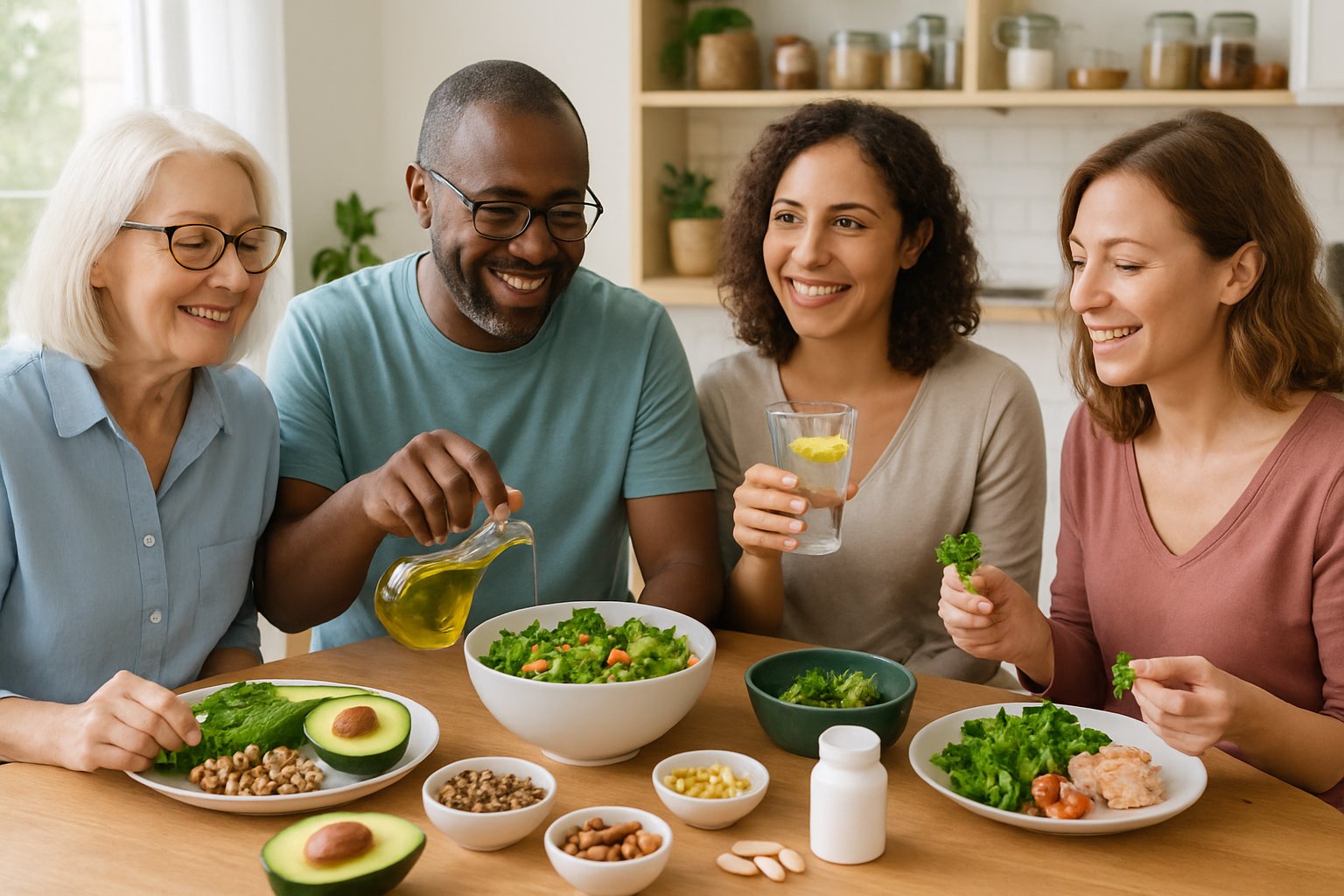 People preparing and enjoying a healthy ketogenic meal with fresh vegetables, nuts, olive oil, and supplements in a bright kitchen.