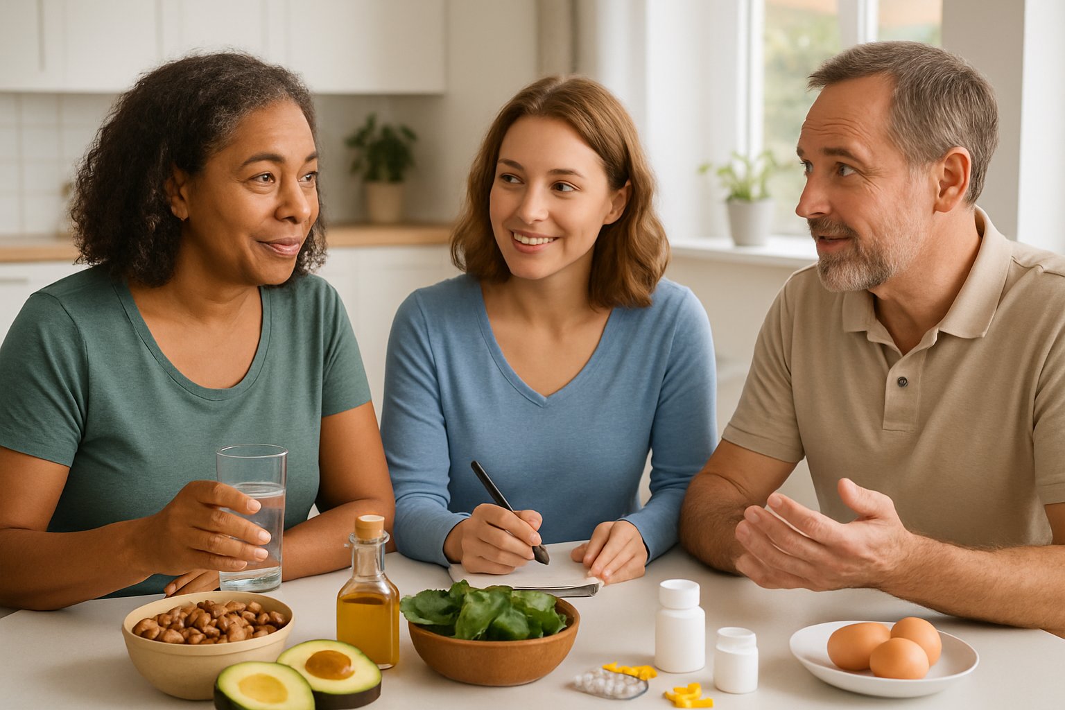 Two adults sitting at a kitchen table with keto-friendly foods and supplements, discussing keto without gallbladder.