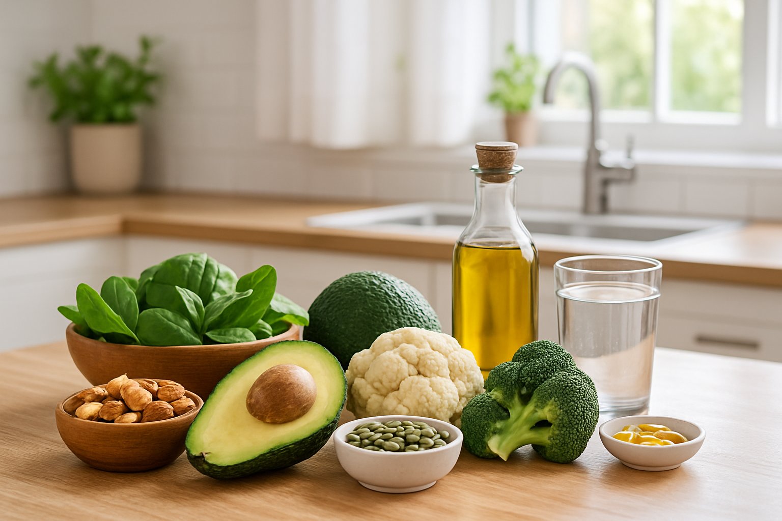 A kitchen countertop with fresh keto-friendly foods including avocados, nuts, olive oil, and low-carb vegetables, alongside supplements and a glass of water.