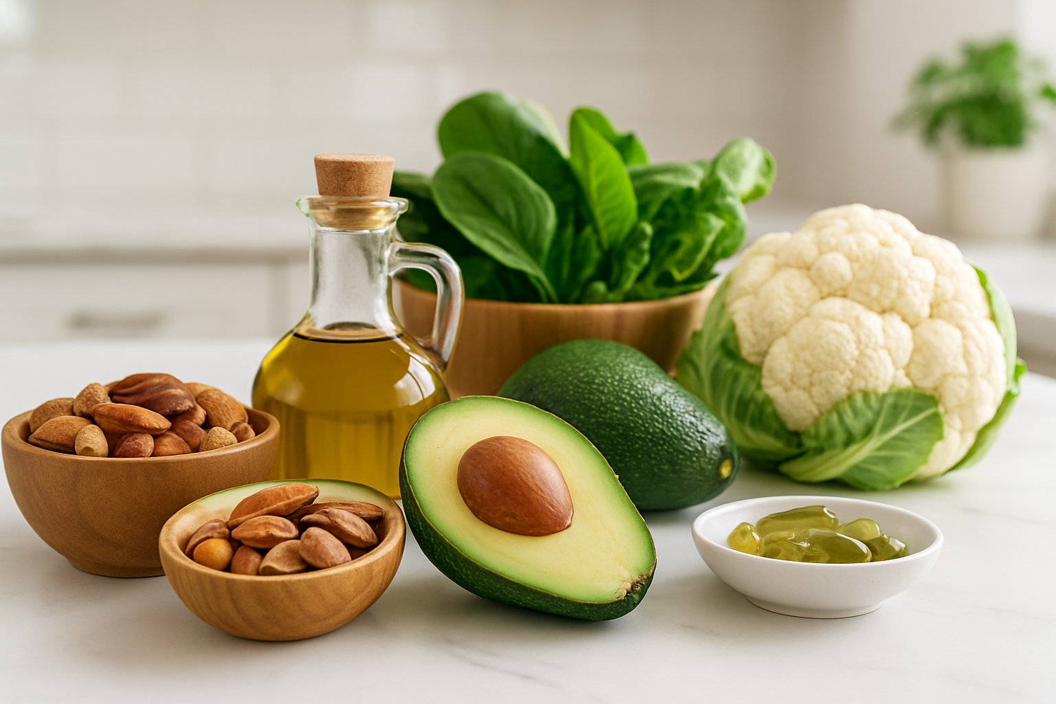 A kitchen countertop with keto-friendly foods including avocados, olive oil, nuts, fresh vegetables, and a small bowl of supplements.