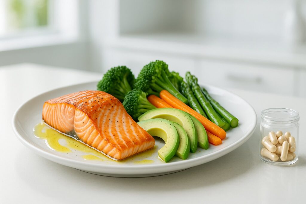 Ultra-realistic image of a healthy keto meal plate with salmon, avocado, steamed vegetables, olive oil drizzle, digestive enzyme capsules beside the plate, modern bright kitchen background, clean medical-wellness aesthetic, 16:9 ratio.