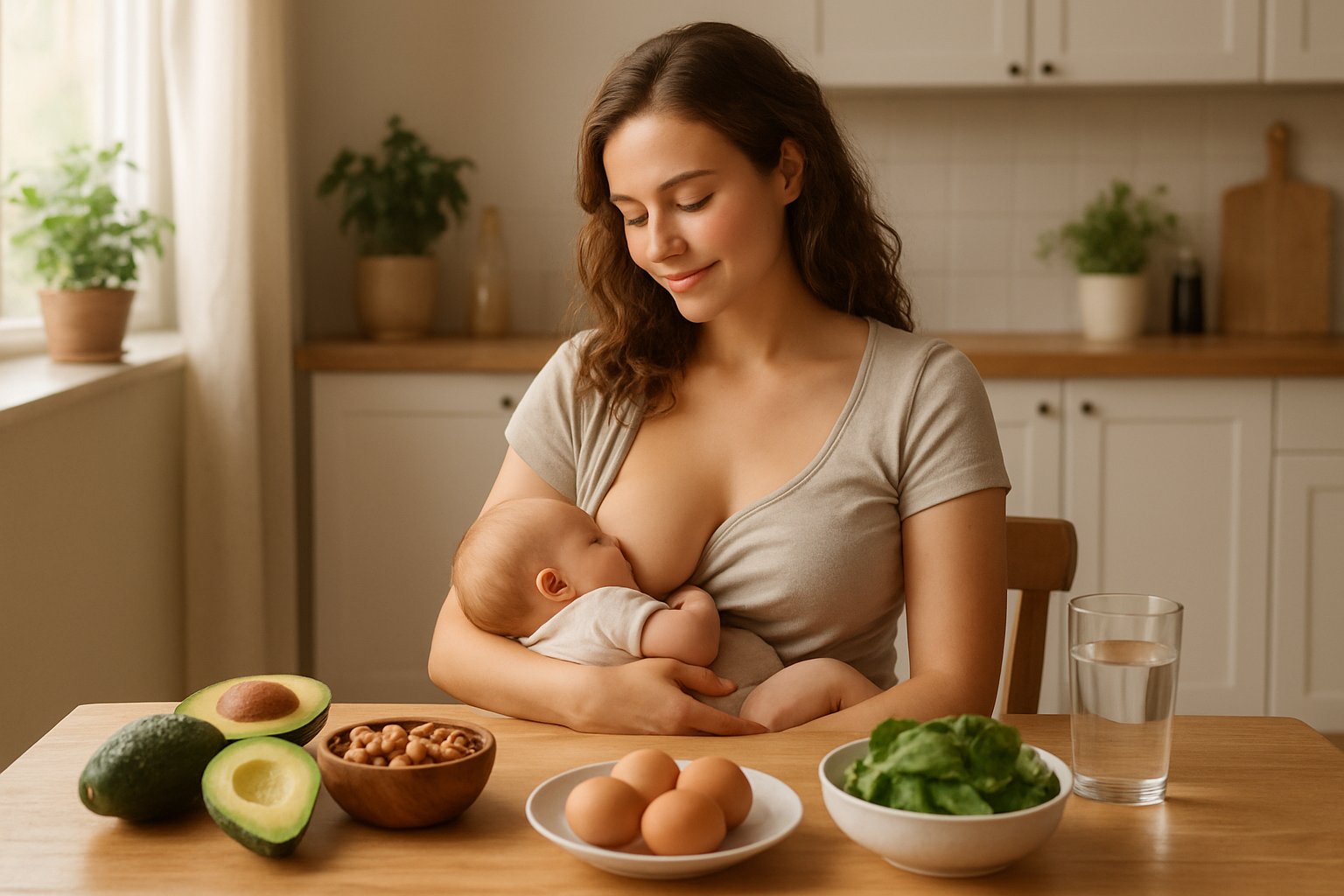 doing Keto While Breastfeeding, A mother breastfeeding her baby at a kitchen table with keto-friendly foods nearby.