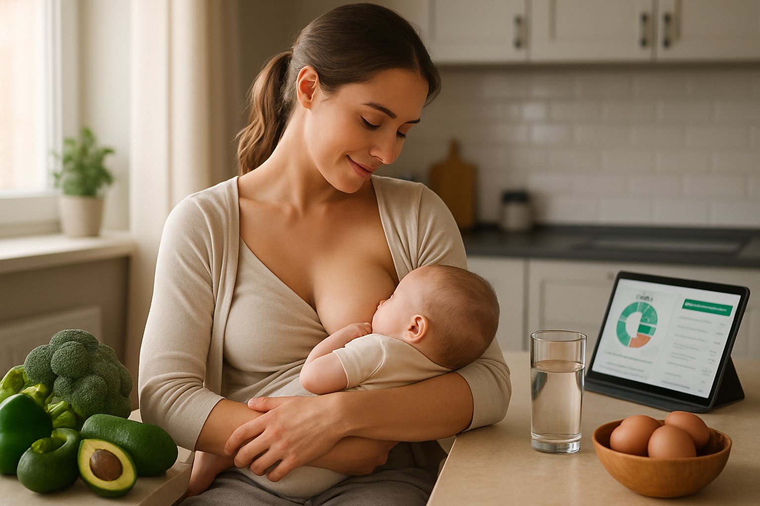 A mother breastfeeding her baby in a kitchen with fresh keto-friendly foods on the counter nearby.