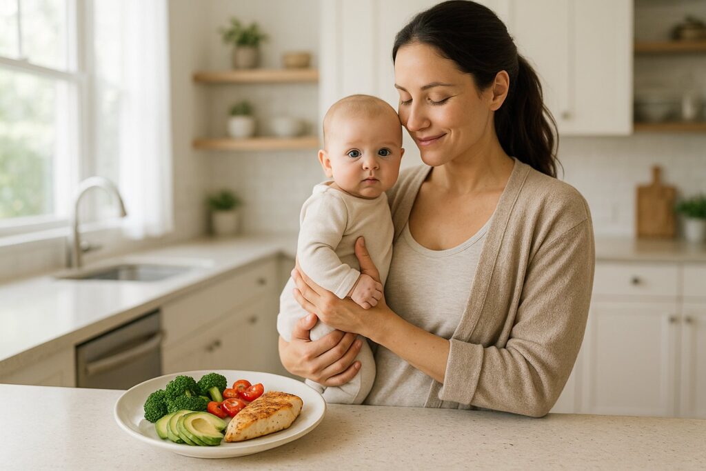 A healthy mother in comfortable home light, holding her baby with a clean keto-friendly meal on the kitchen counter, natural daylight, soft aesthetic, realistic photography, wellness and nutrition theme, no text.