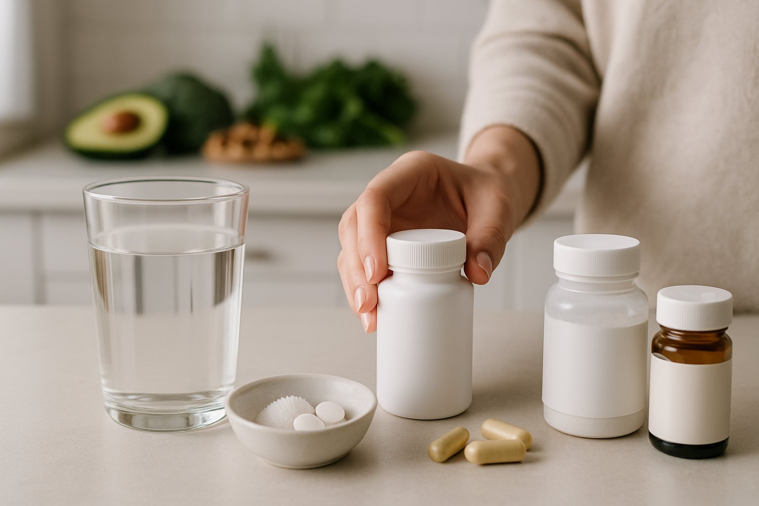 A kitchen countertop with water, electrolyte supplements, and energy-boosting pills, with a hand reaching for a supplement bottle and fresh vegetables blurred in the background.