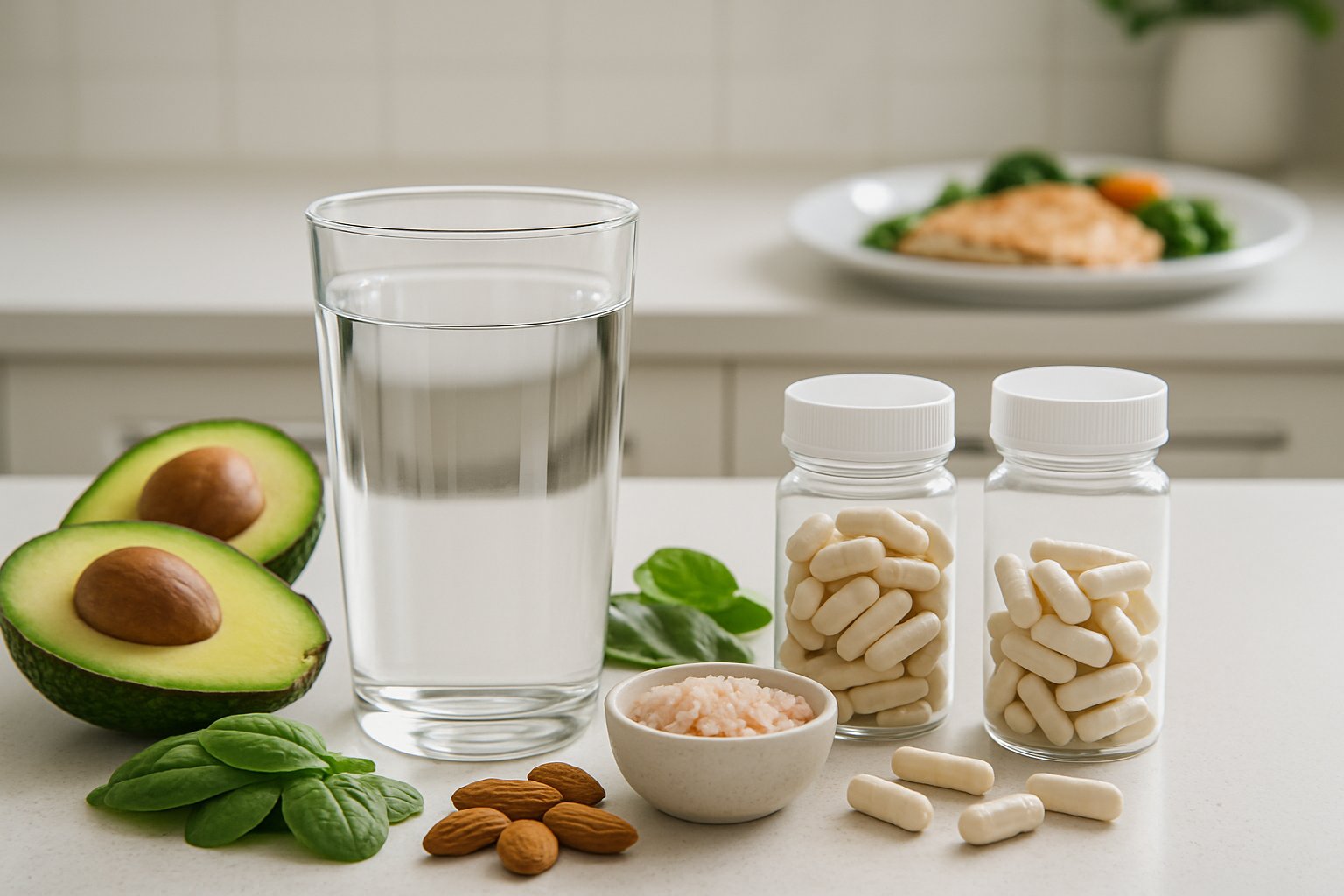A glass of water on a kitchen counter surrounded by keto-friendly foods like avocado, spinach, almonds, pink salt, and supplement capsules.