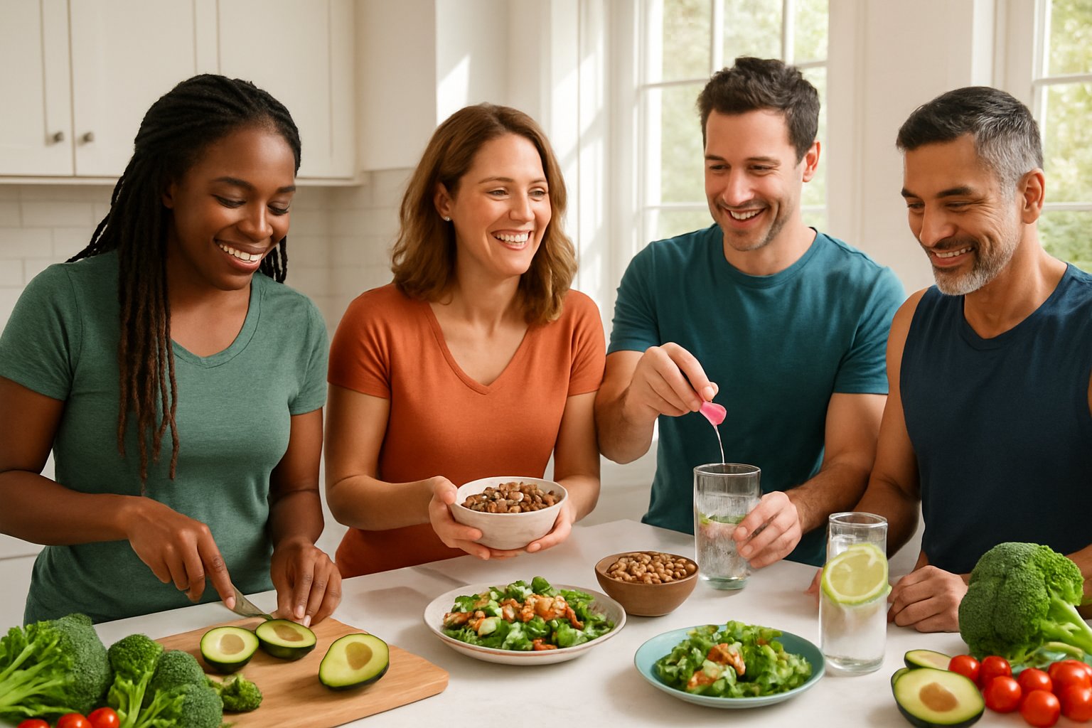 People preparing and enjoying healthy keto-friendly meals with fresh vegetables, nuts, and electrolyte drinks in a bright kitchen to overcome keto fatigue