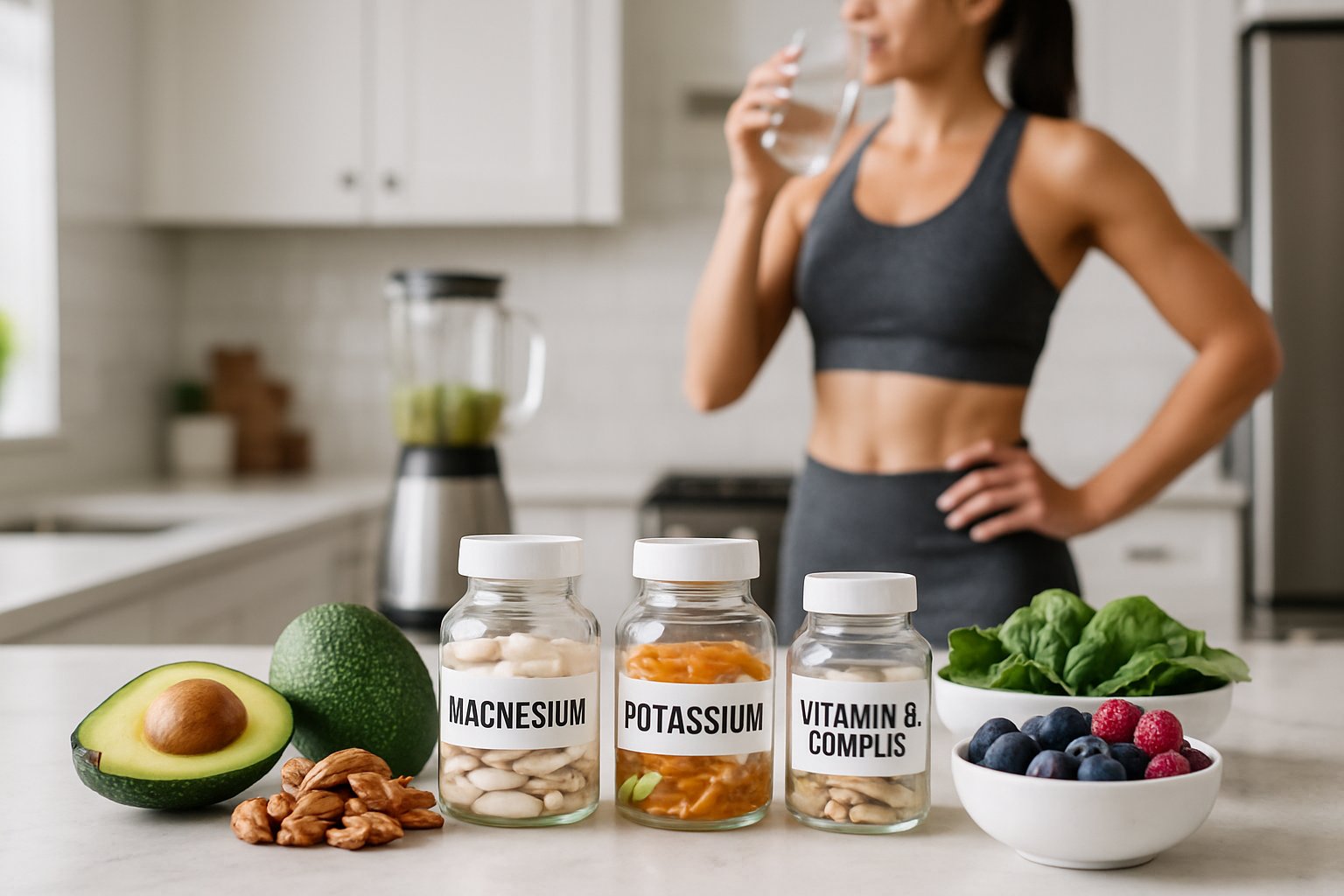 A kitchen counter with energy-boosting supplements, fresh keto-friendly foods, and a person preparing a healthy drink in the background.