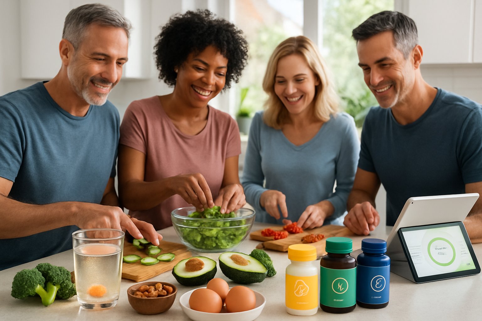 A group of adults preparing healthy keto meals in a bright kitchen with electrolyte water and supplements on the counter.