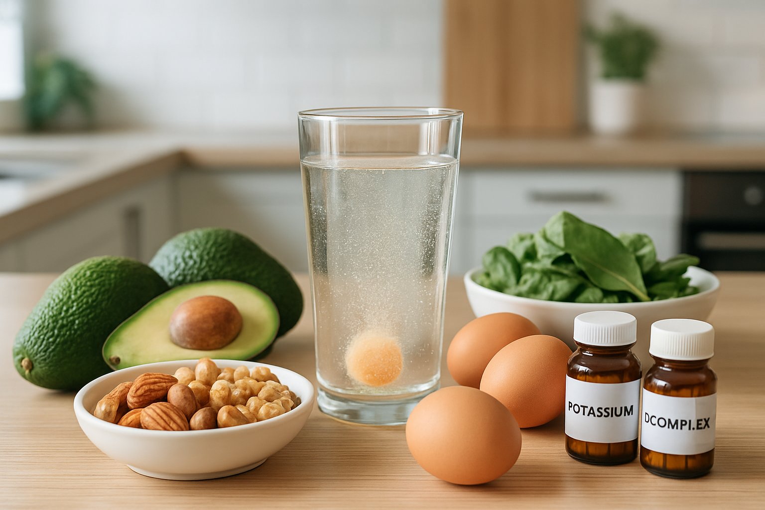 A kitchen counter with keto-friendly foods like avocados, nuts, eggs, leafy greens, a glass of water with electrolytes tablets dissolving, and bottles of energy-boosting supplements.