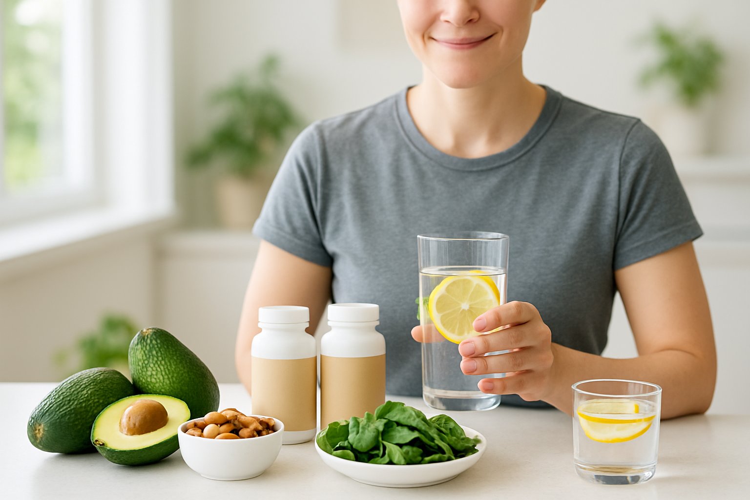 A person holding a glass of water surrounded by healthy foods and supplements on a kitchen counter.