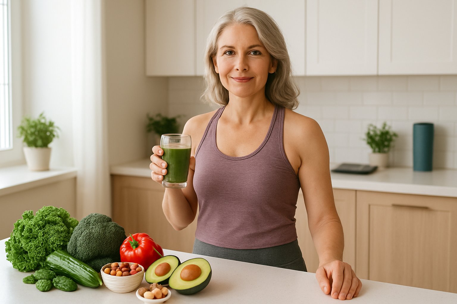 A middle-aged woman in activewear stands in a bright kitchen with fresh vegetables and keto foods, smiling and holding a glass of water.