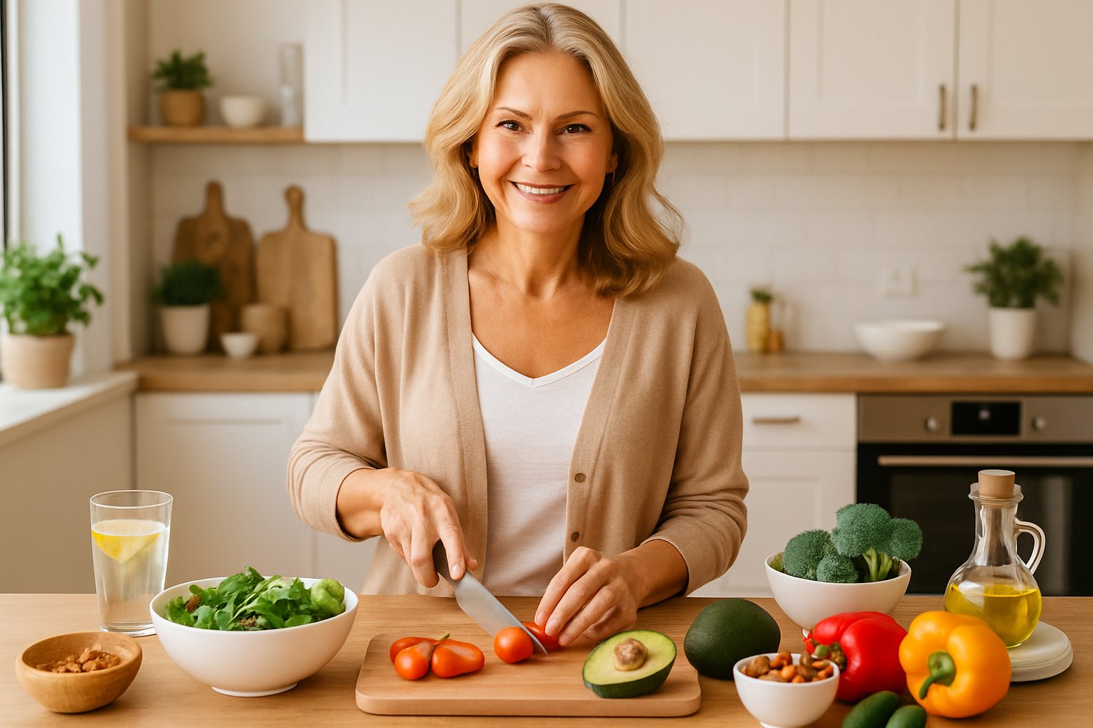 A woman in her 40s preparing a healthy meal with fresh vegetables and nuts in a bright kitchen.