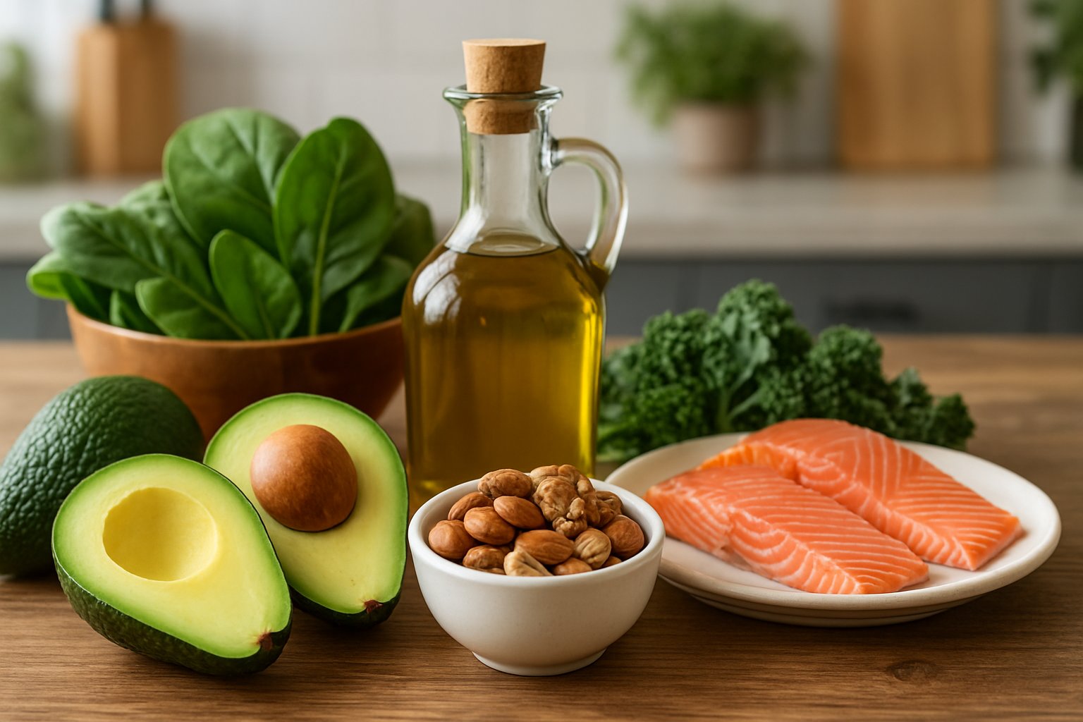 A wooden table with avocado, nuts, olive oil, leafy greens, and salmon in a bright kitchen setting.