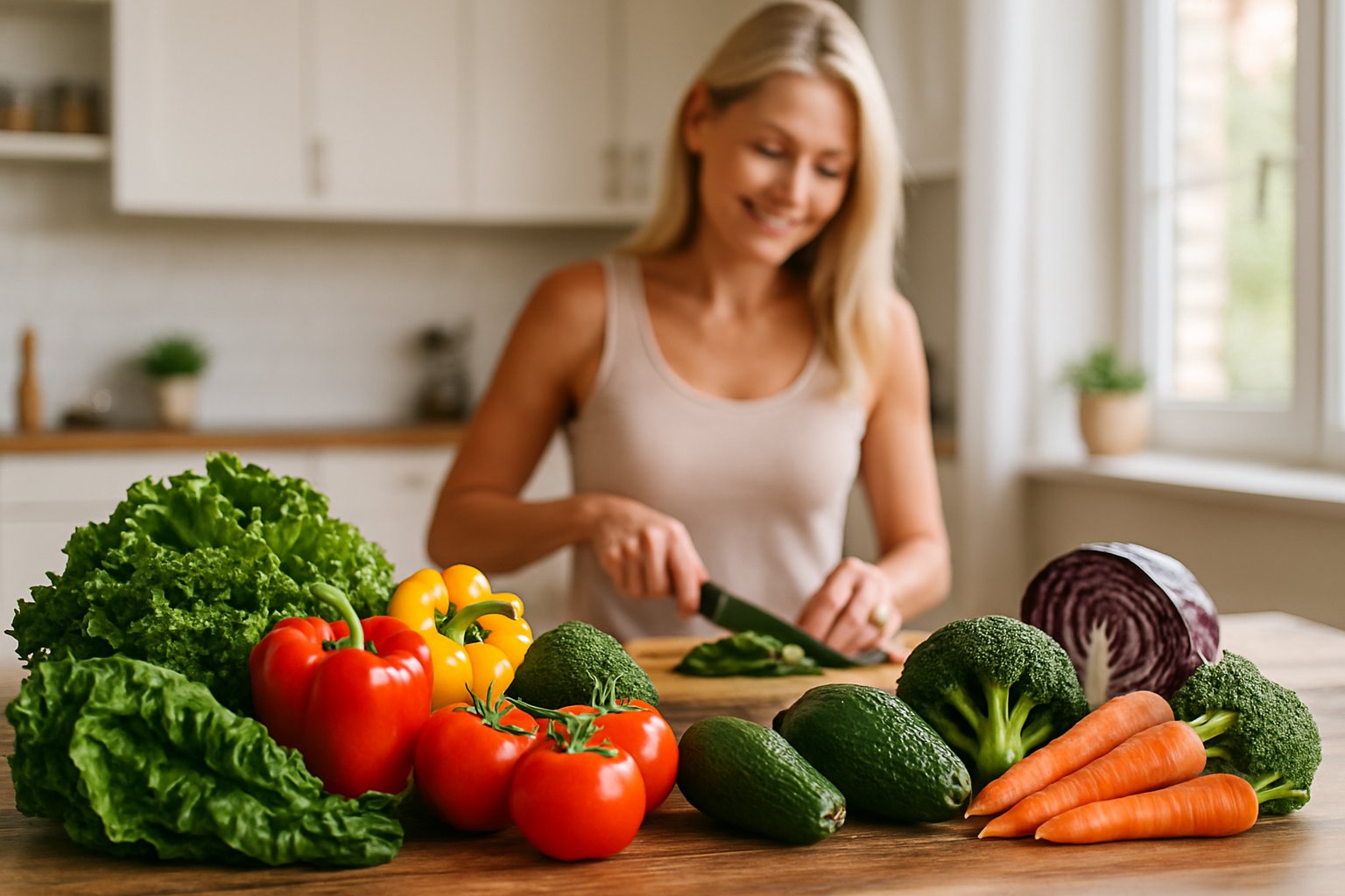 A middle-aged woman preparing fresh vegetables in a kitchen with a colorful assortment of vegetables on the table.