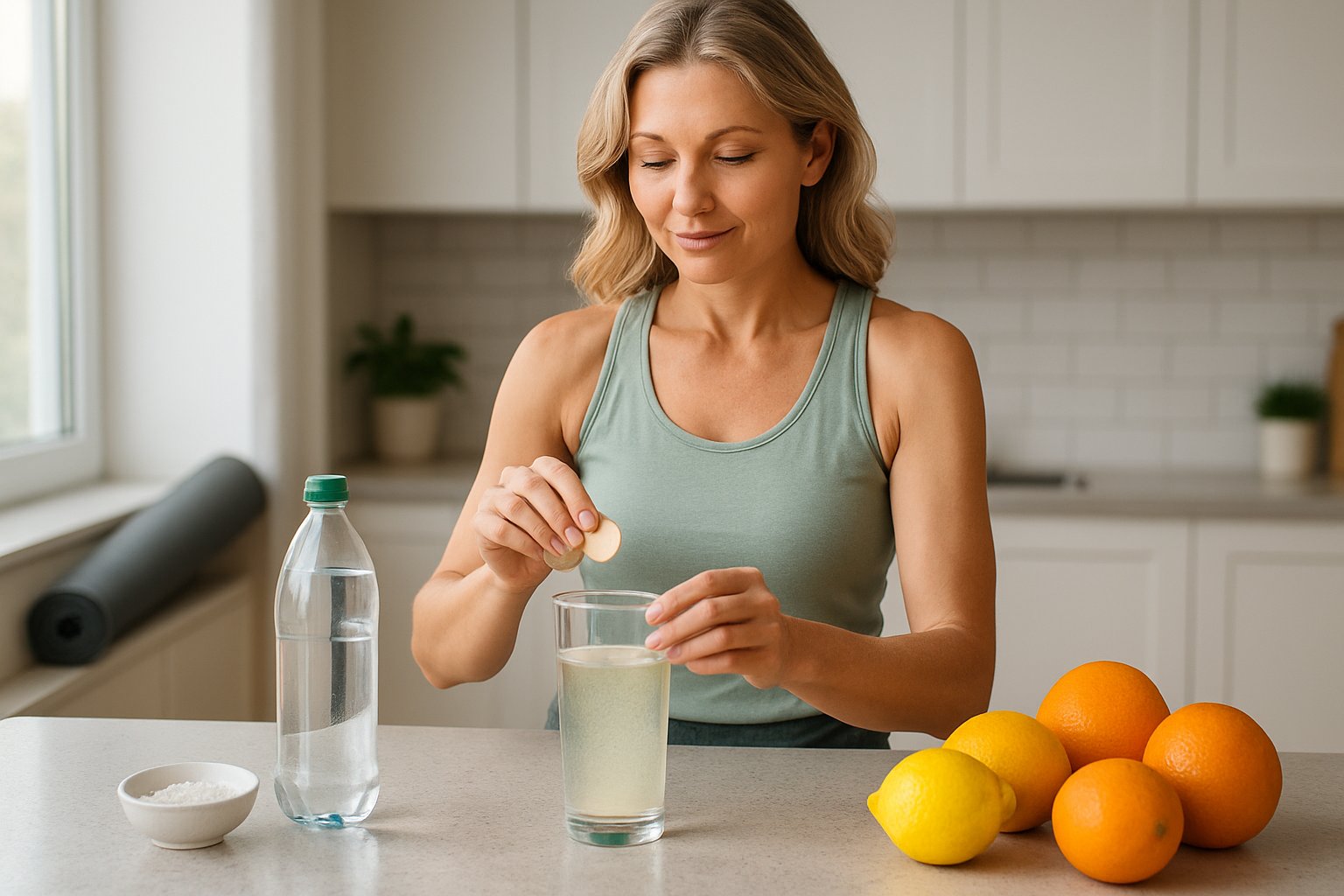 A middle-aged woman preparing a glass of water with electrolyte tablets in a bright kitchen surrounded by fresh fruits and wellness items.