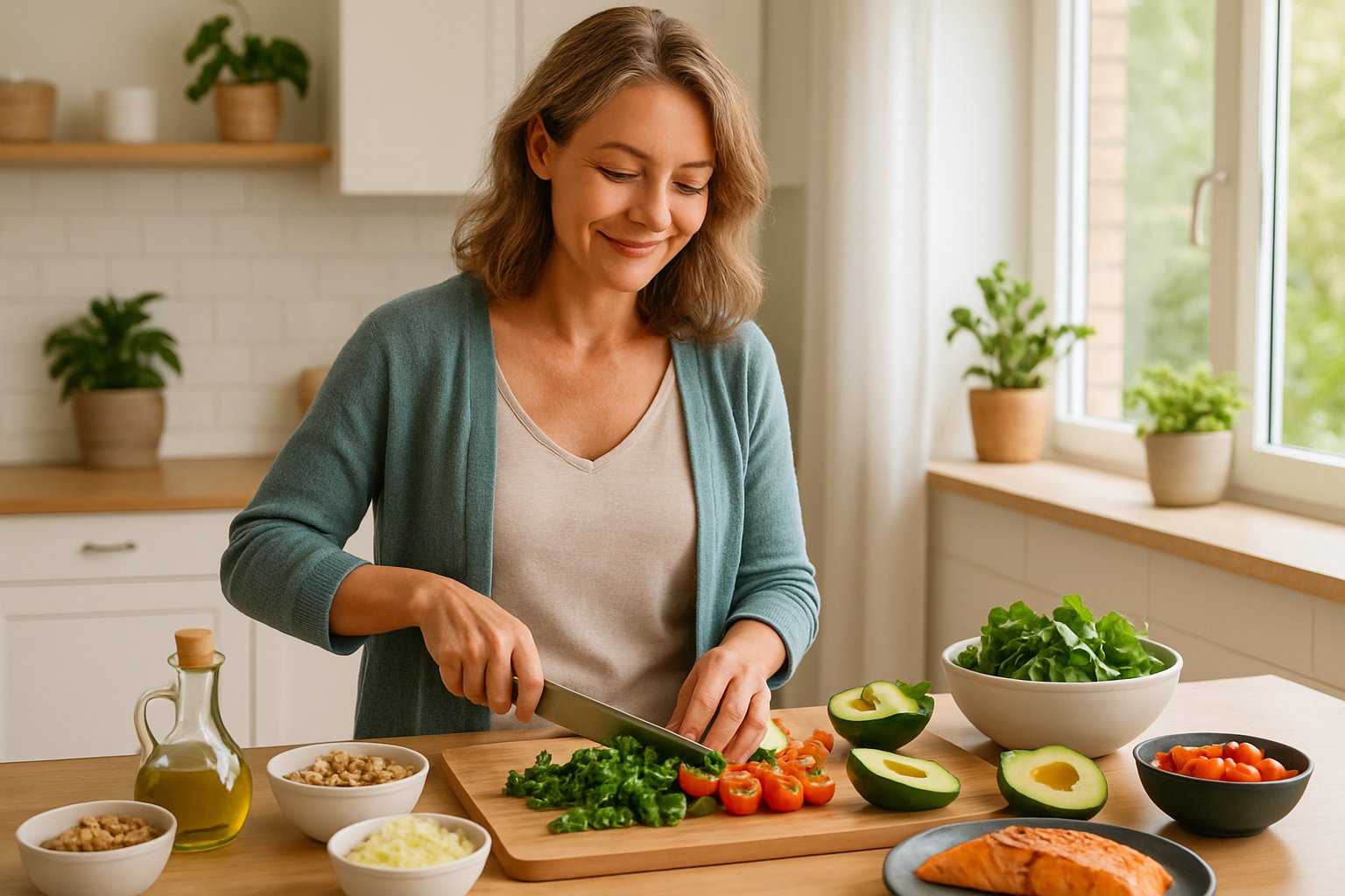 A woman in her 40s preparing fresh keto ingredients in a bright kitchen with natural light and plants.