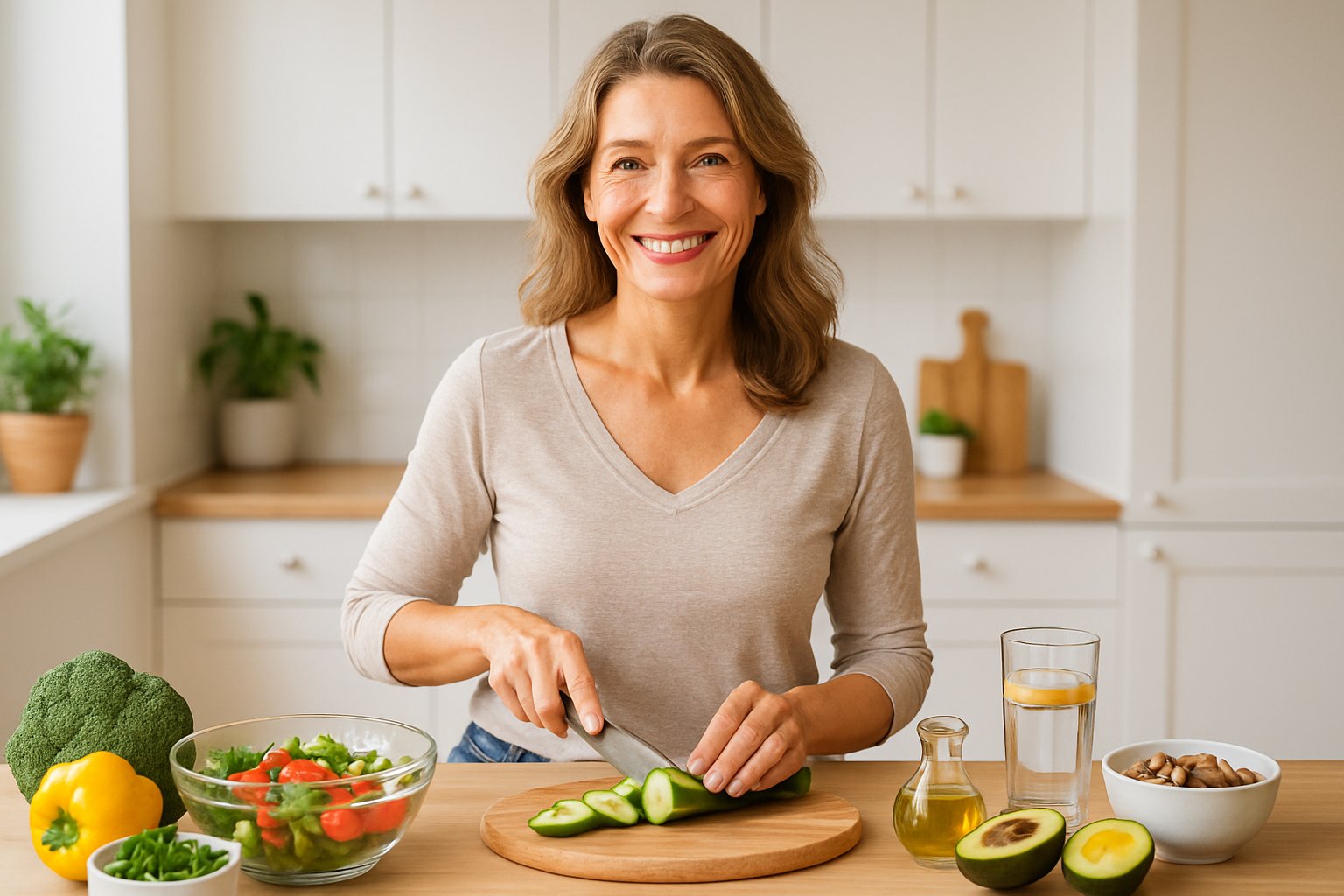A smiling woman over 40 preparing a healthy meal in a bright kitchen with fresh vegetables and healthy ingredients on the counter.