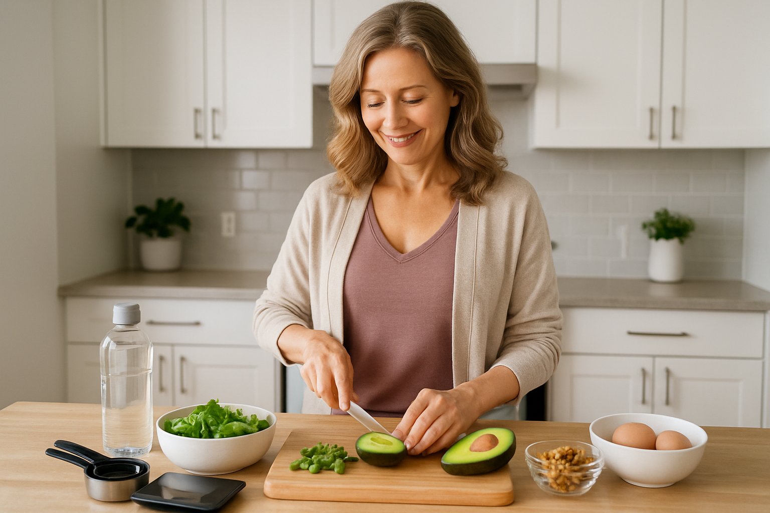 A healthy woman over 40 preparing a fresh keto meal in a bright, modern kitchen.