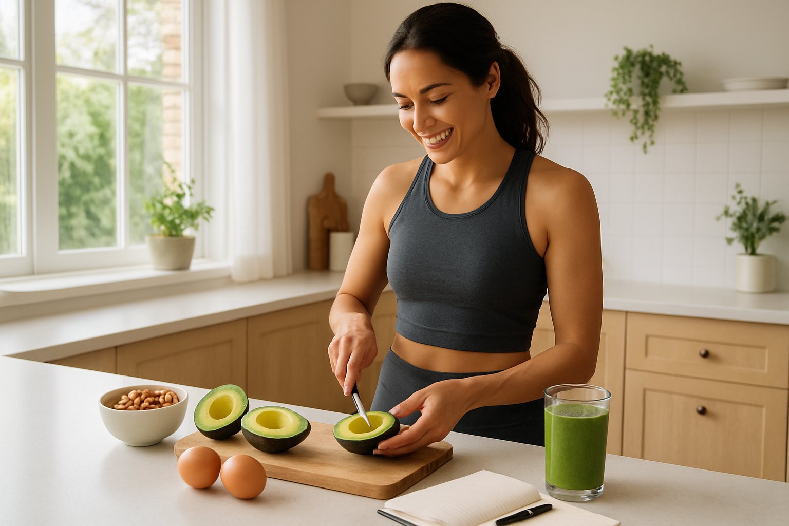 A woman prepare Keto Morning Routine, making a healthy keto breakfast in a bright kitchen with natural light and fresh ingredients on the counter.