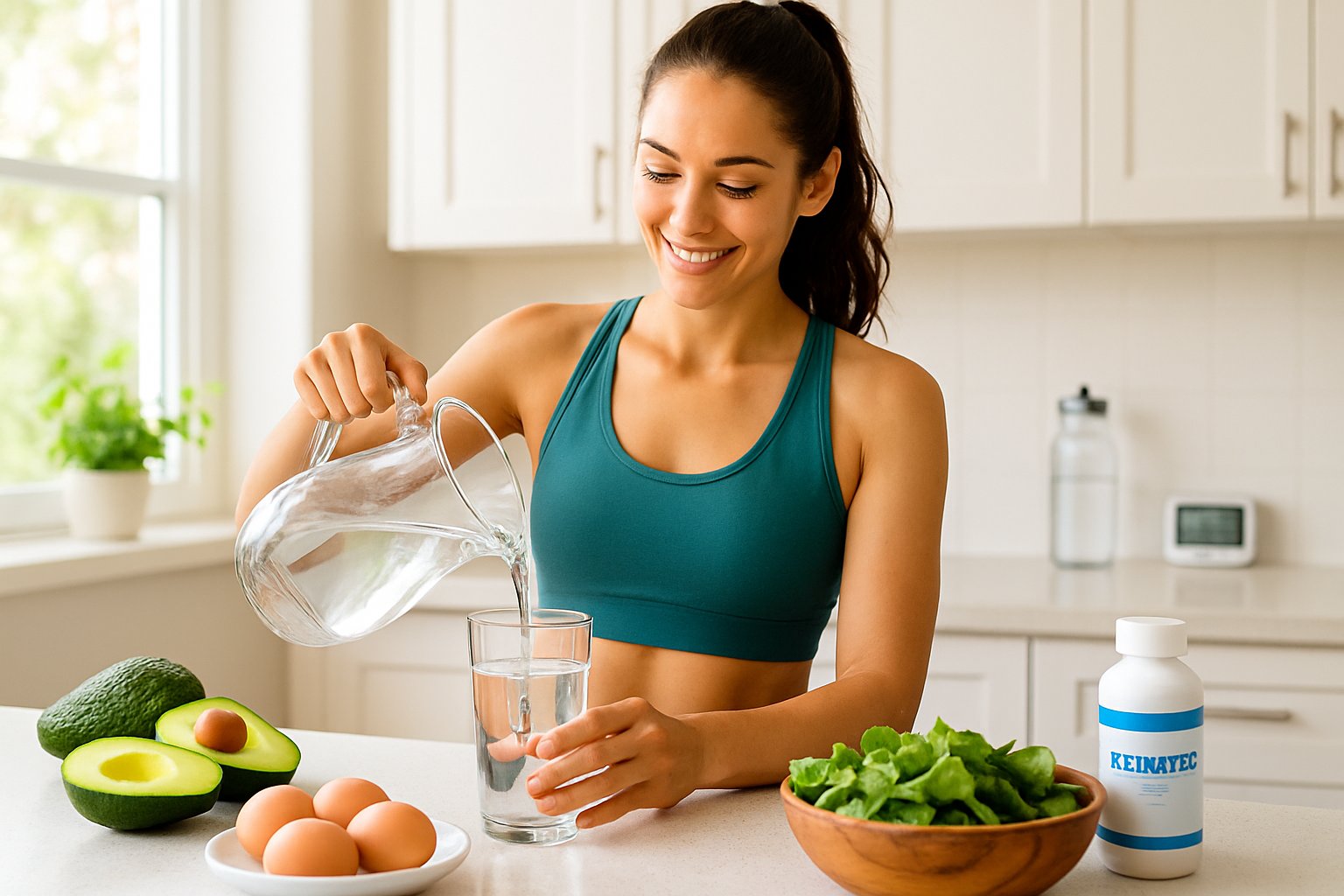 A woman in a bright kitchen pouring water into a glass surrounded by fresh keto-friendly foods like avocados and eggs.