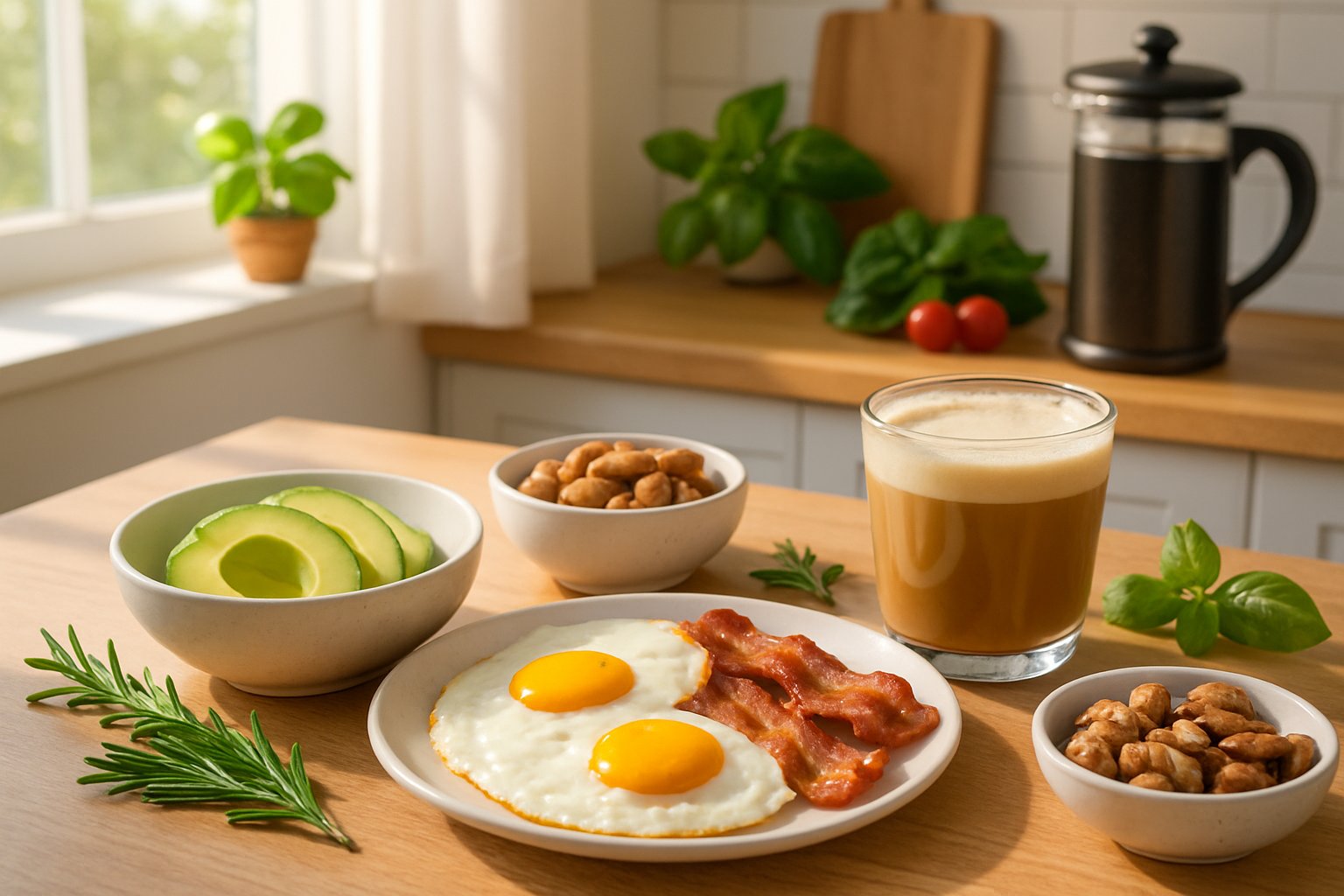 A morning kitchen table with a keto breakfast including avocado, eggs, bacon, nuts, and bulletproof coffee in natural sunlight.