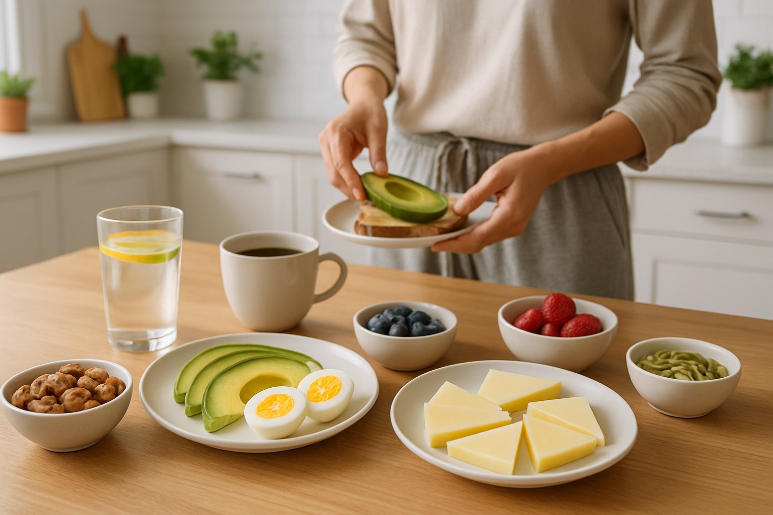 A kitchen table with keto breakfast foods like avocado, boiled eggs, nuts, berries, cheese, a glass of water, and a cup of coffee, with a person preparing a meal in the background.